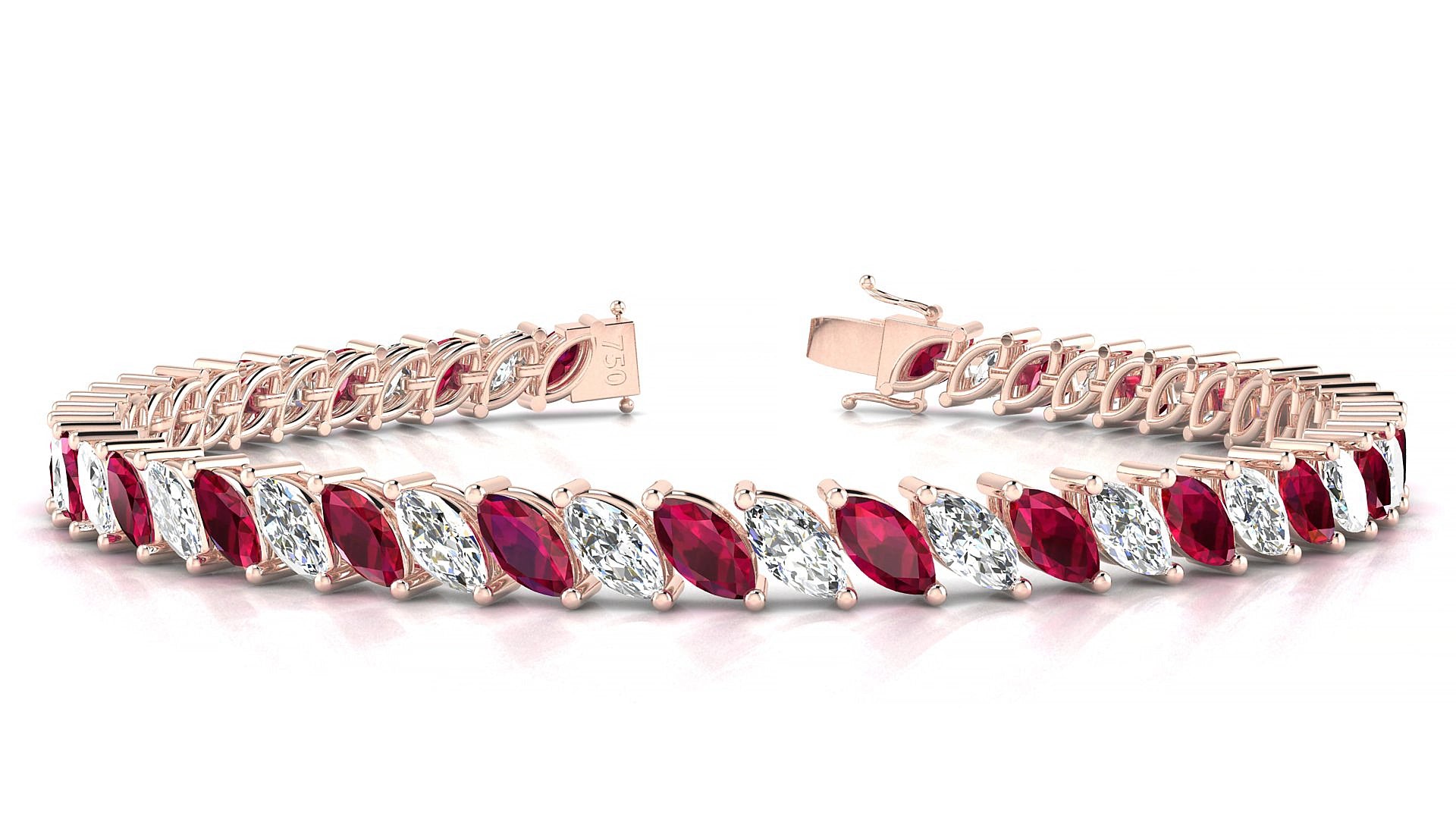 Venezia 1-1 | 18k Rose Gold 6 x 3 mm Marquise Natural Ruby & Diamond 15 cm Tennis Bracelet