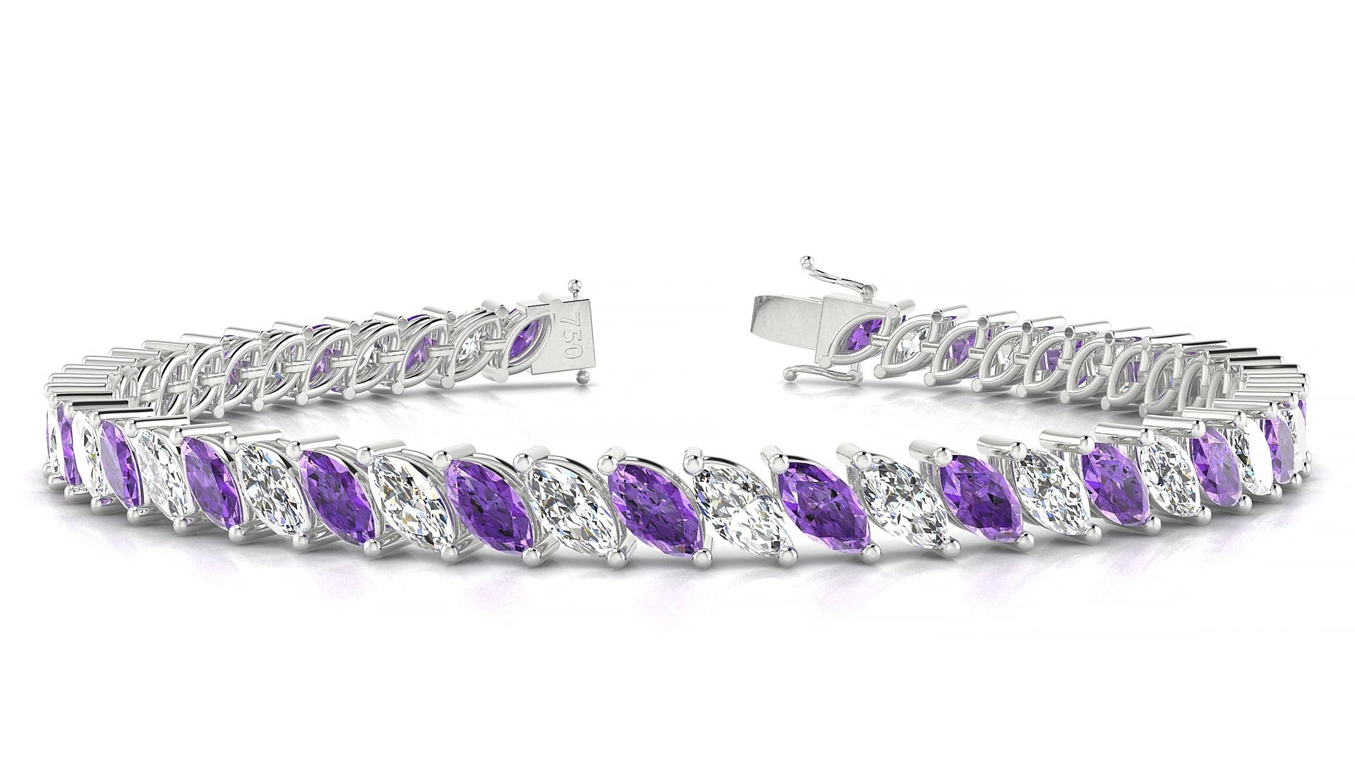 Venezia 1-1 | 18k White Gold 6 x 3 mm Marquise Natural Amethyst & Diamond 18 cm Tennis Bracelet