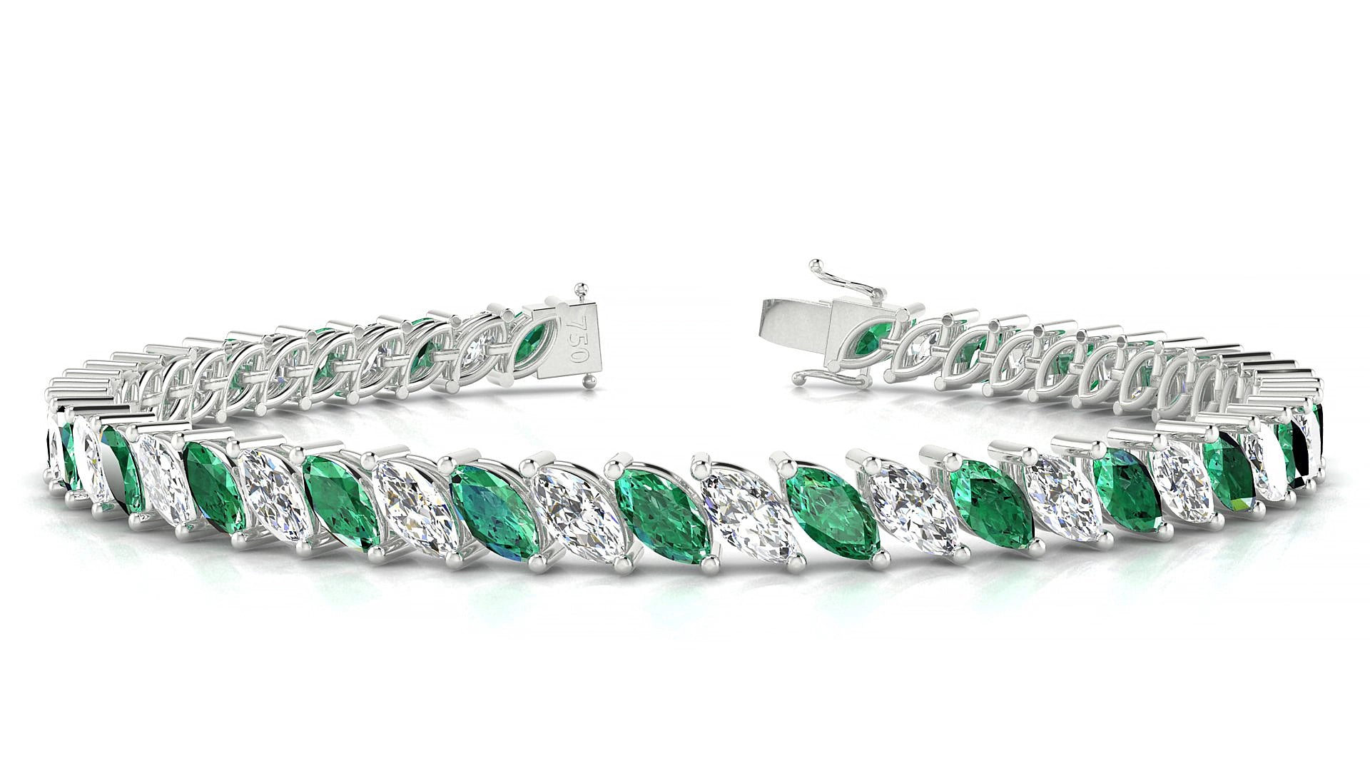 Venezia 1-1 | 18k White Gold 6 x 3 mm Marquise Natural Emerald & Diamond 15 cm Tennis Bracelet