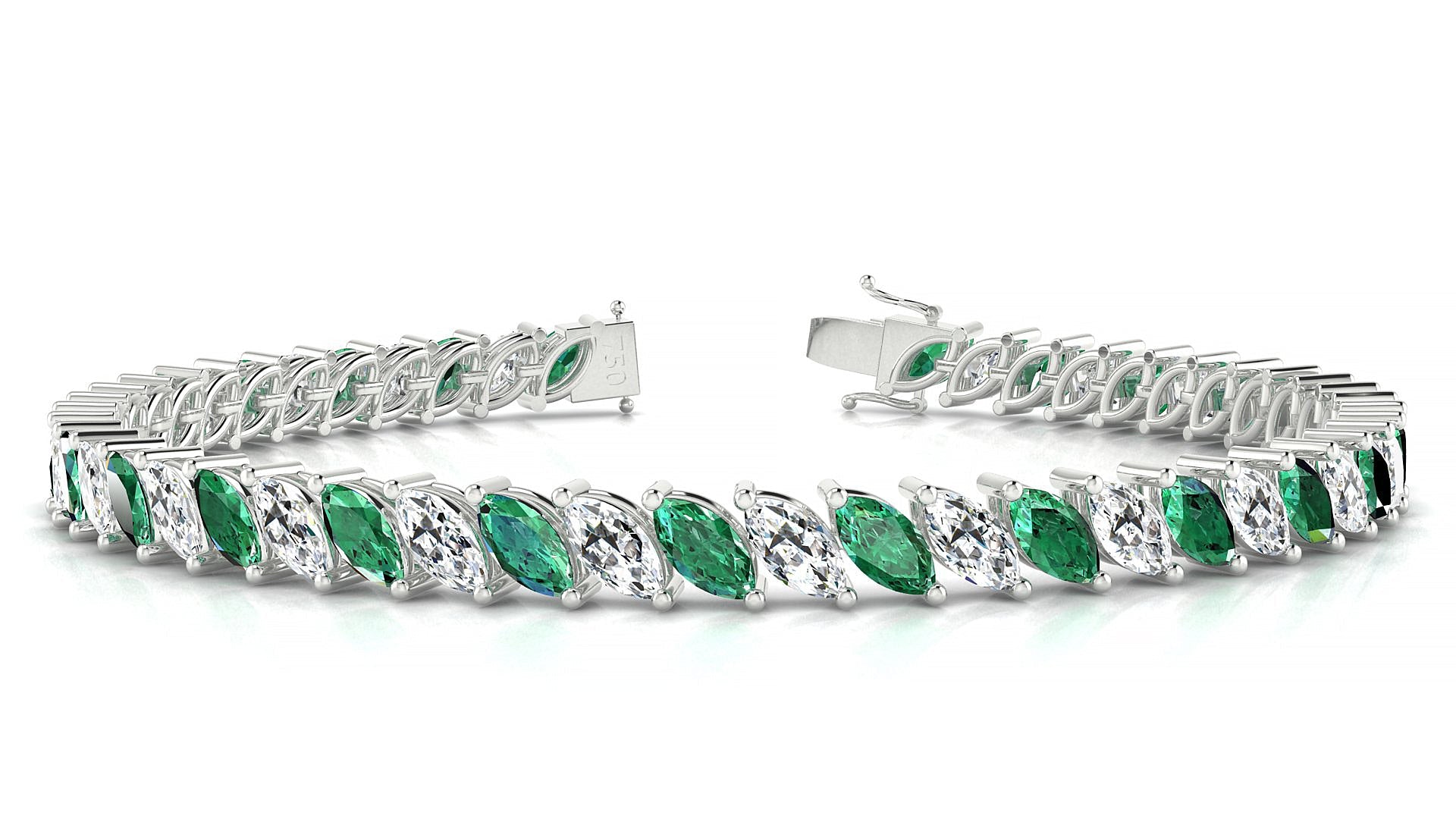 Venezia 1-1 | 18k White Gold 6 x 3 mm Marquise Natural Emerald & Diamond Tennis Bracelet