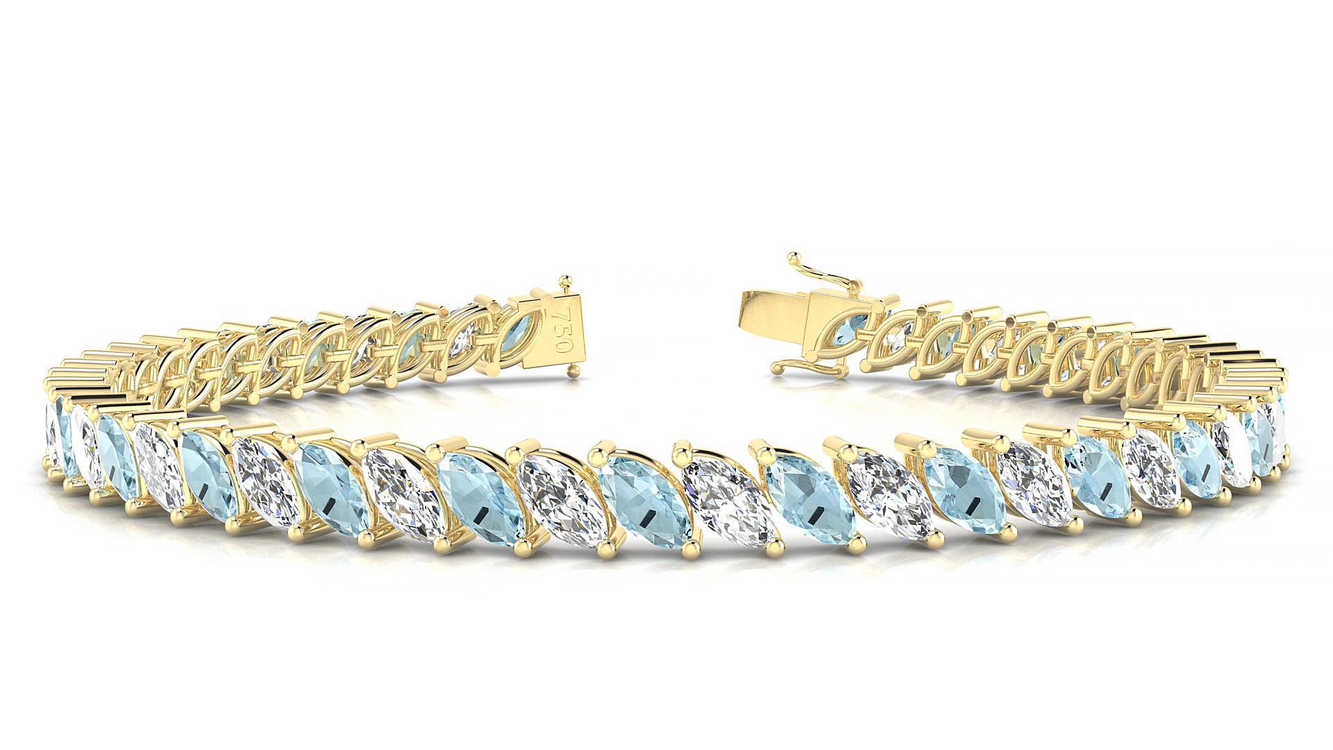 Venezia 1-1 | 18k Yellow Gold 6 x 3 mm Marquise Natural Aquamarine & Diamond 15 cm Tennis Bracelet