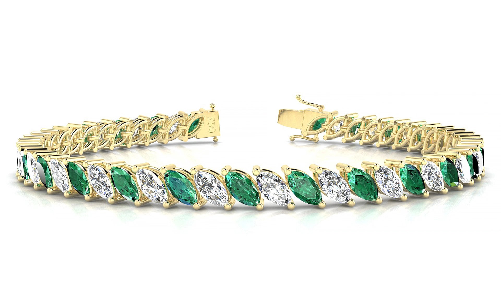 Venezia 1-1 | 18k Yellow Gold 6 x 3 mm Marquise Natural Emerald & Diamond 15 cm Tennis Bracelet