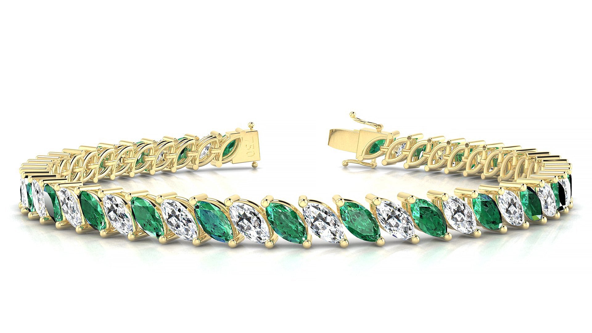 Venezia 1-1 | 18k Yellow Gold 6 x 3 mm Marquise Natural Emerald & Diamond Tennis Bracelet