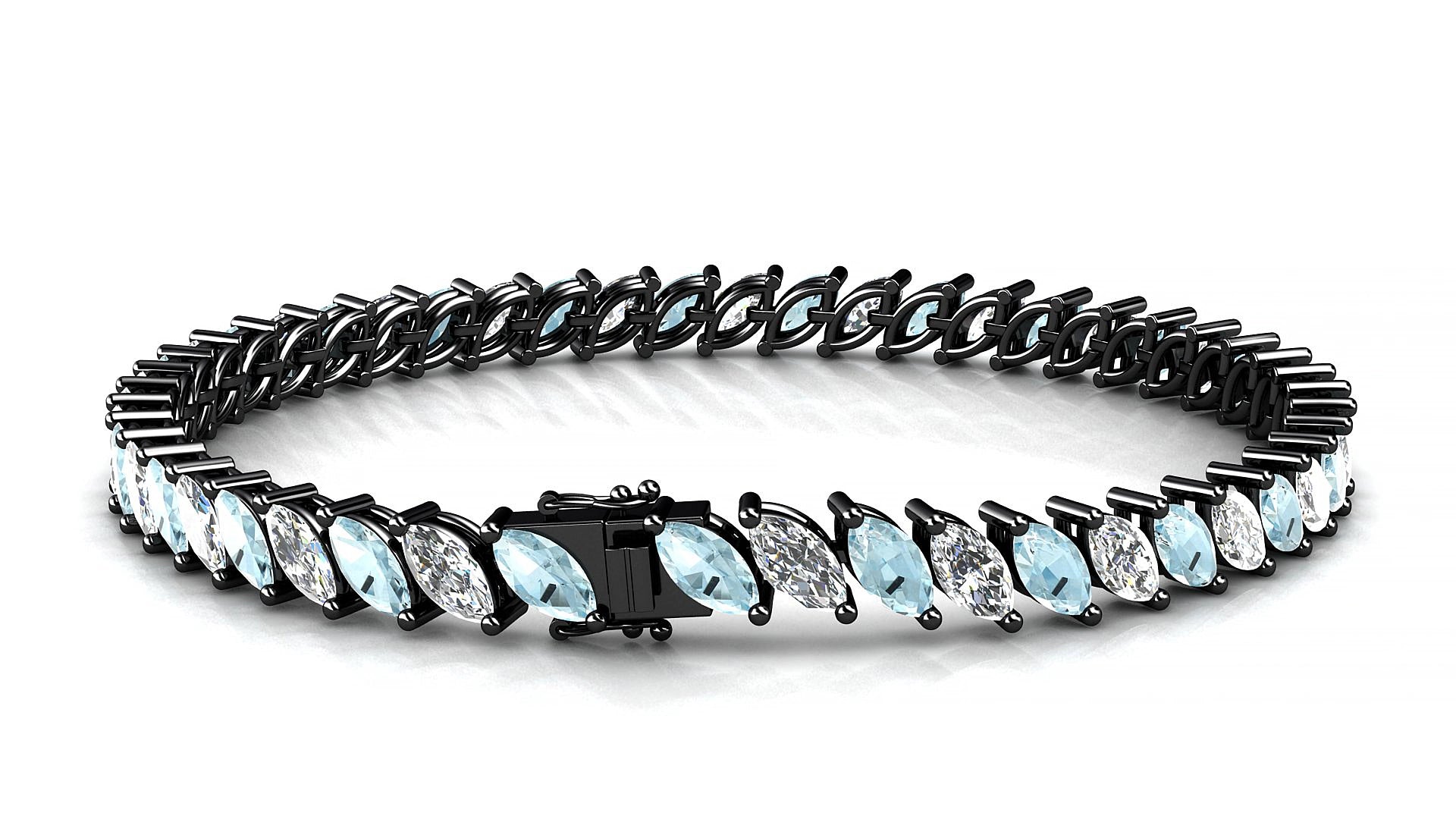 Venezia 1-1 | 18k Black Gold 6 x 3 mm Marquise Natural Aquamarine & Diamond 15 cm Tennis Bracelet