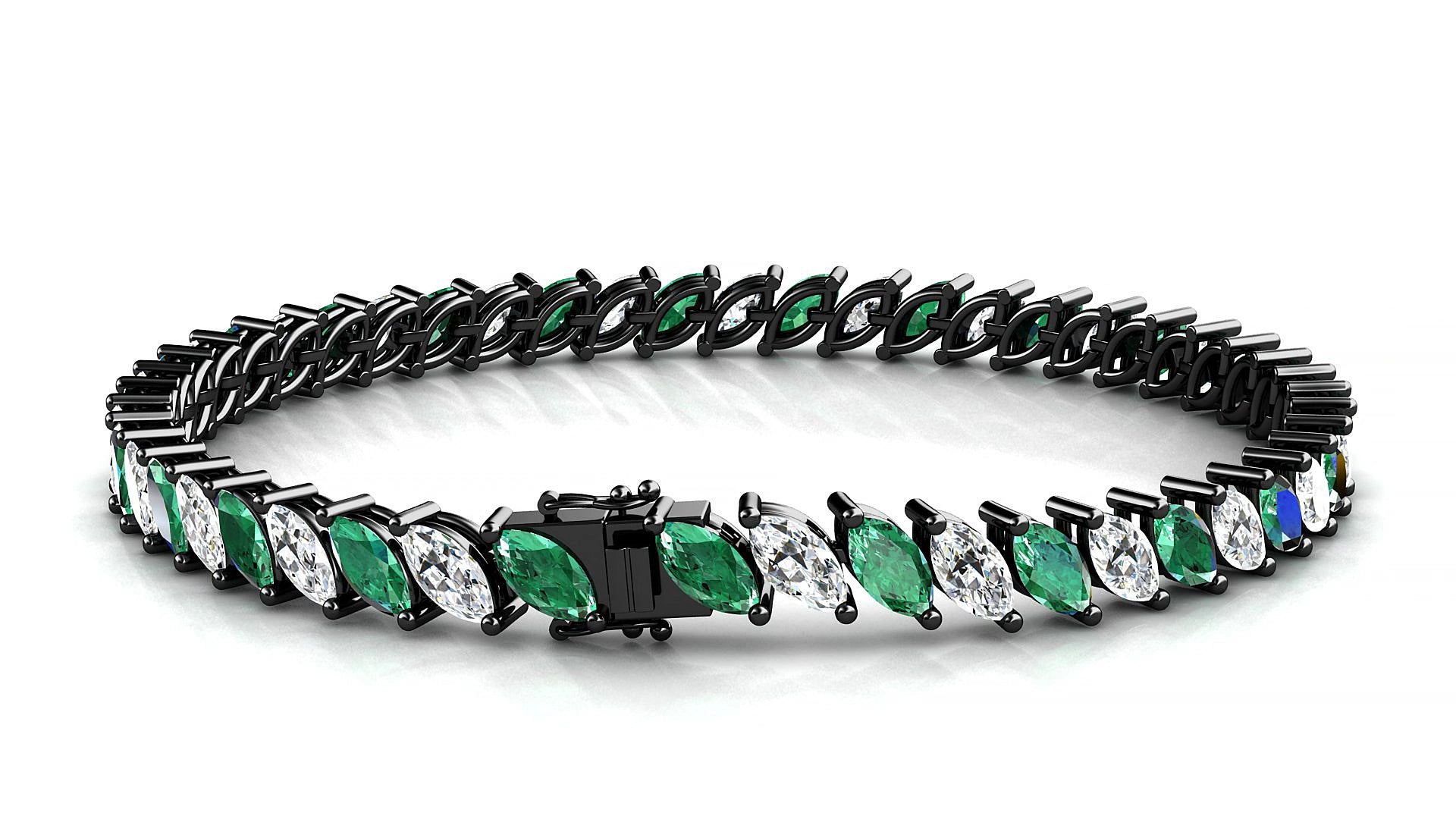 Venezia 1-1 | 18k Black Gold 6 x 3 mm Marquise Natural Emerald & Diamond 15 cm Tennis Bracelet