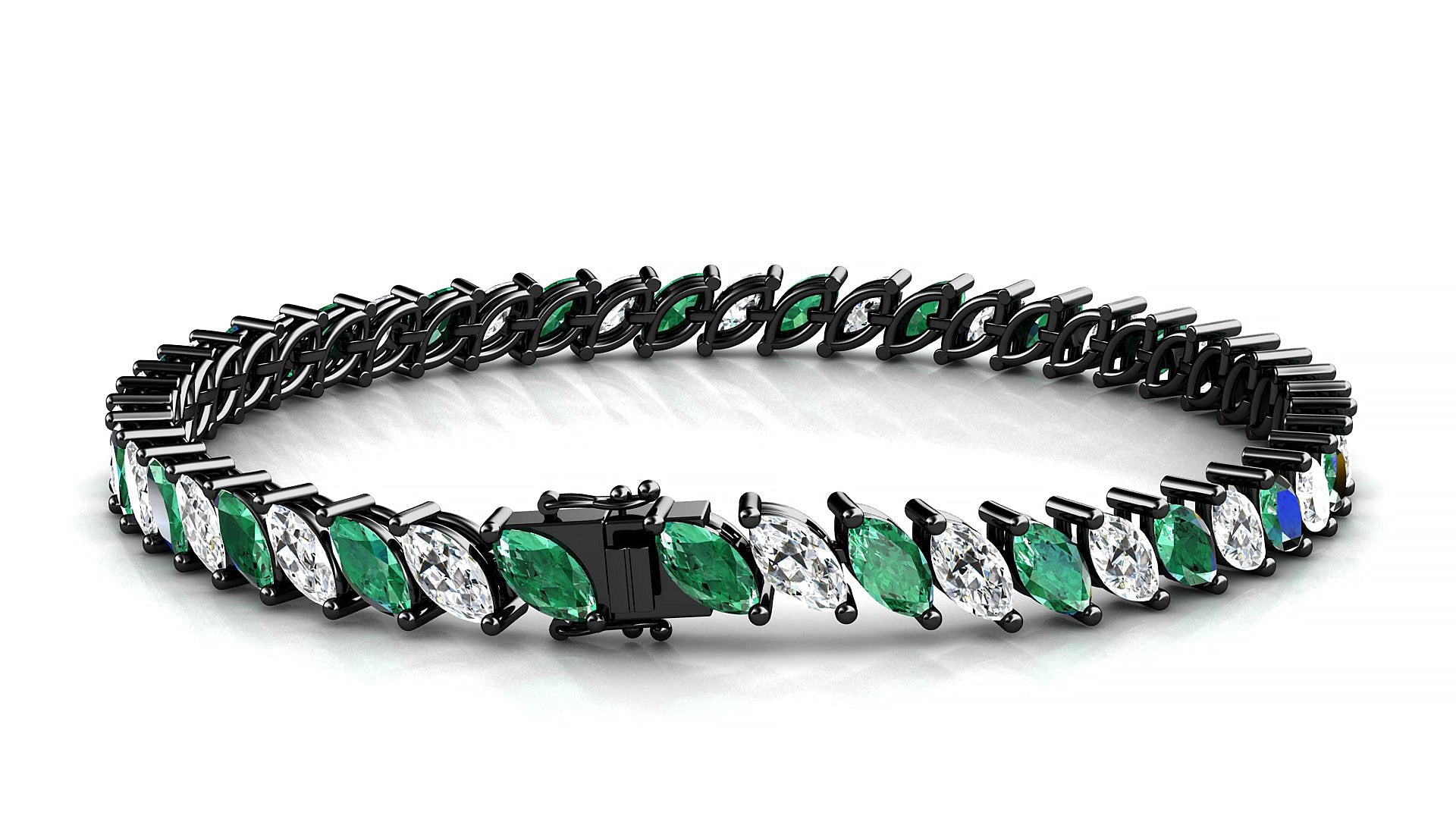Venezia 1-1 | 18k Black Gold 6 x 3 mm Marquise Natural Emerald & Diamond Tennis Bracelet
