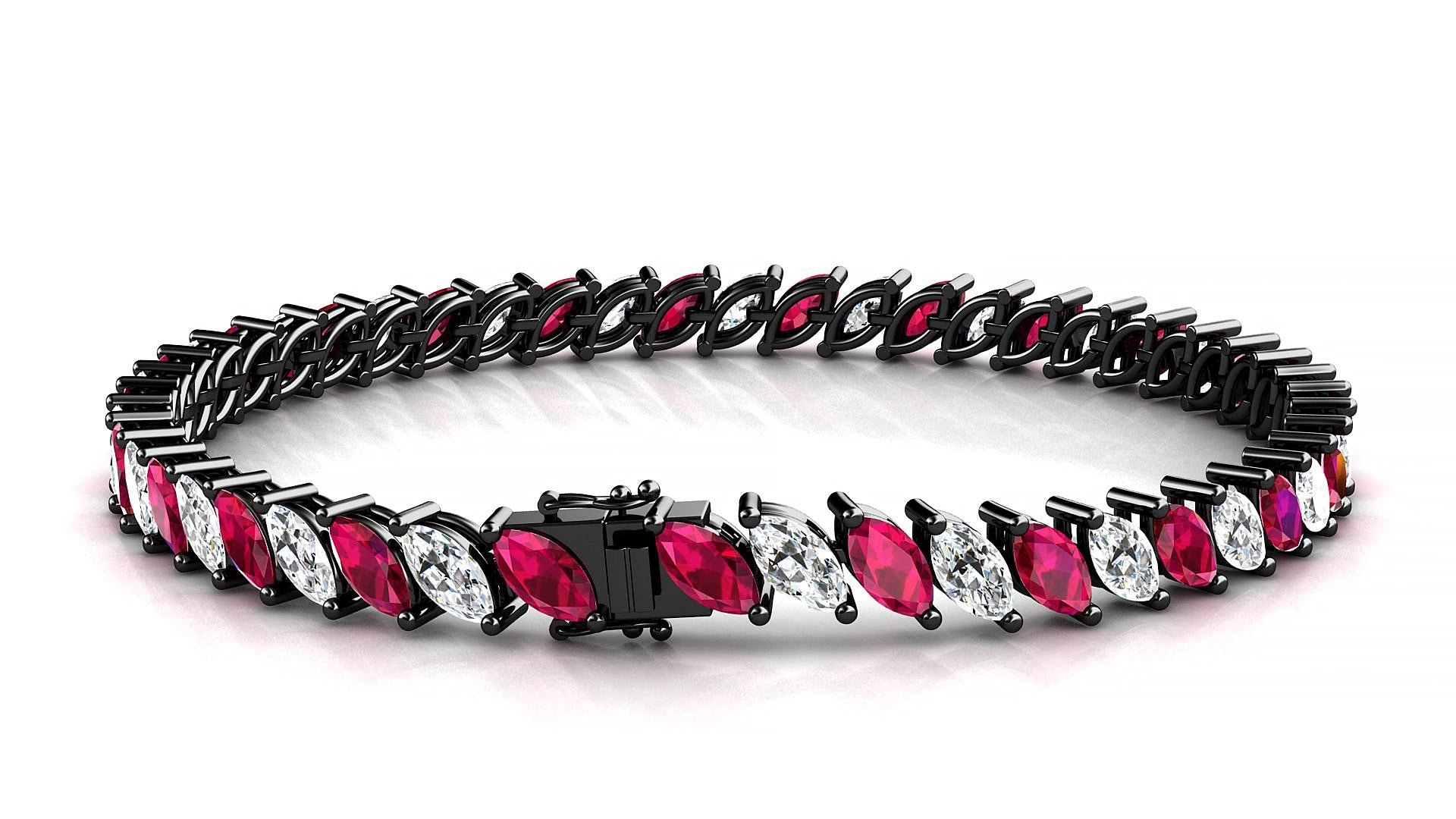 Venezia 1-1 | 18k Black Gold 6 x 3 mm Marquise Natural Ruby & Diamond 15 cm Tennis Bracelet