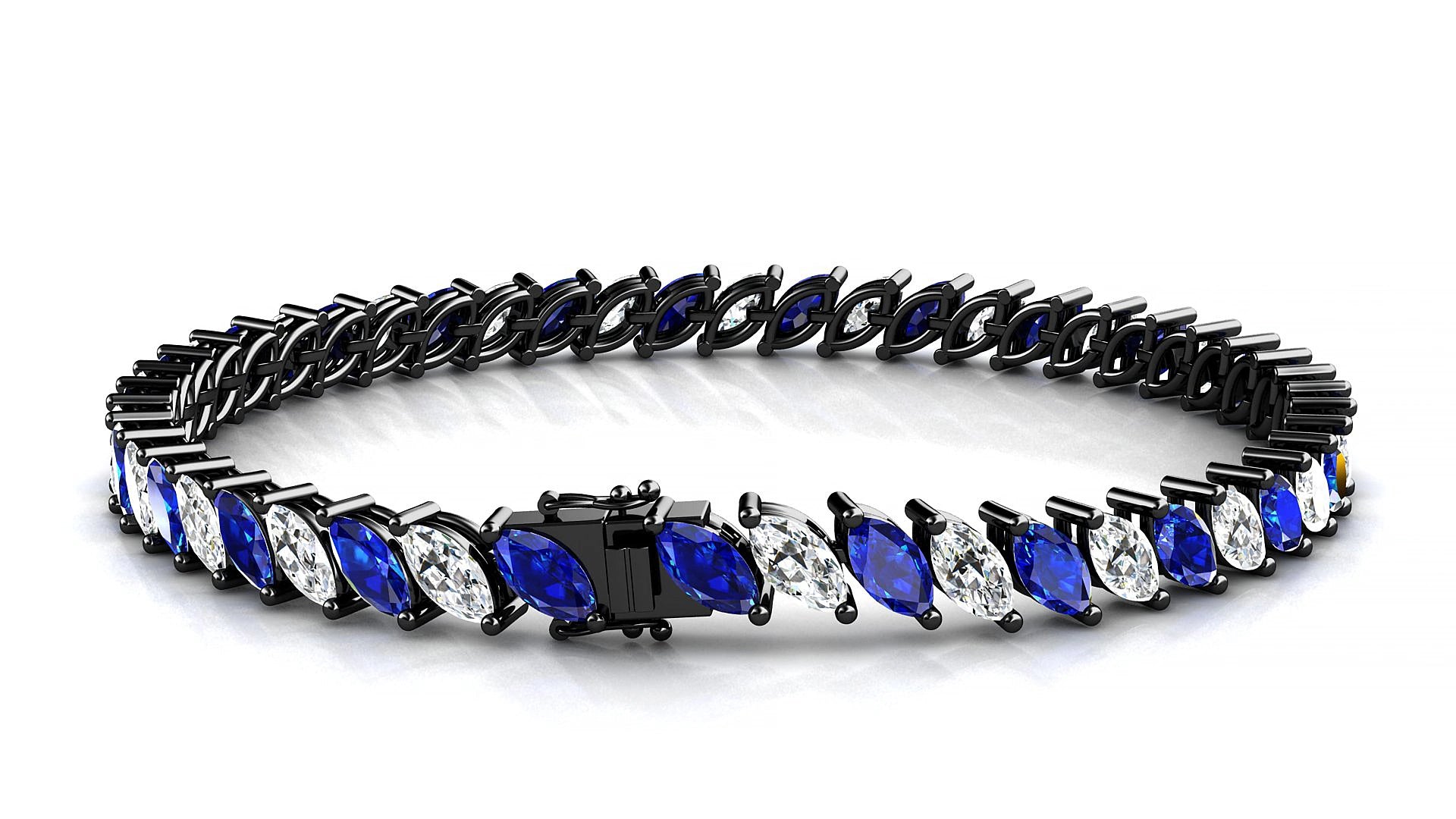 Venezia 1-1 | 18k Black Gold 6 x 3 mm Marquise Natural Sapphire & Diamond 15 cm Tennis Bracelet