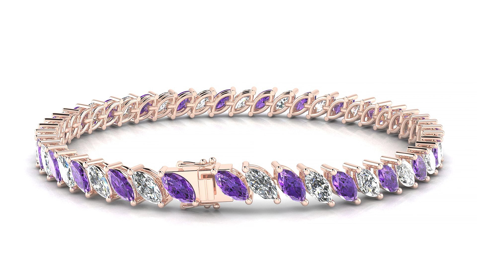 Venezia 1-1 | 18k Rose Gold 6 x 3 mm Marquise Natural Amethyst & Diamond 18 cm Tennis Bracelet