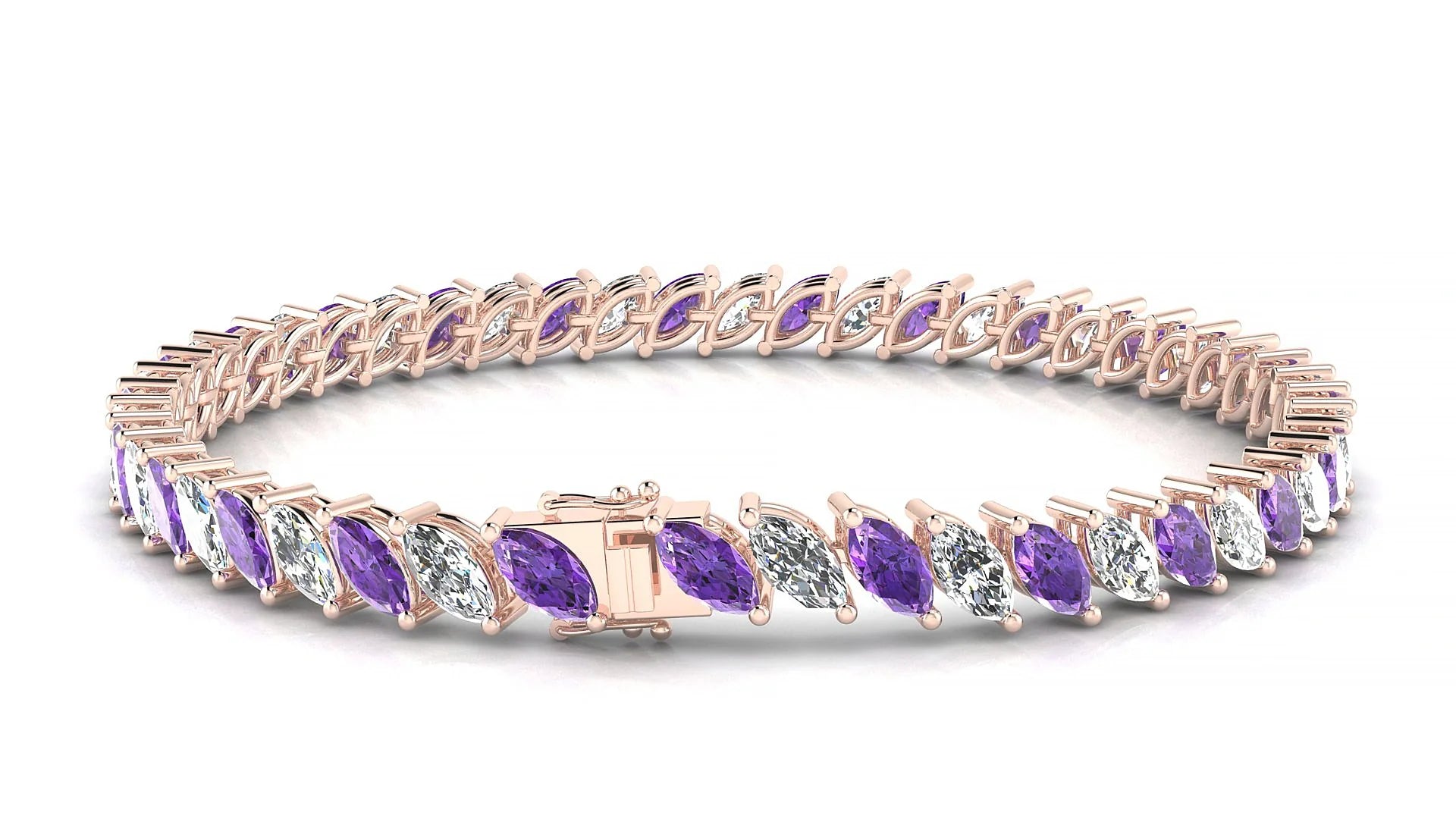 Venezia 1-1 | 18k Rose Gold 6 x 3 mm Marquise Natural Amethyst & Diamond Tennis Bracelet