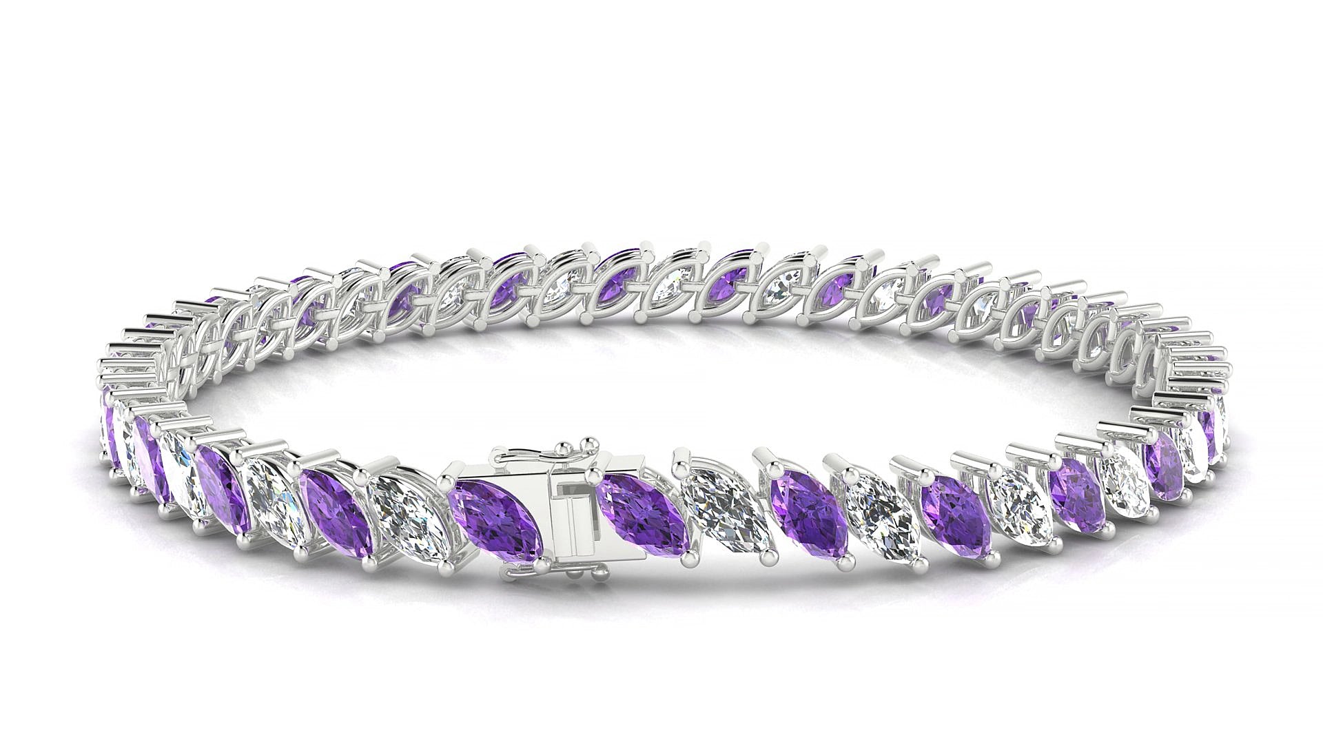 Venezia 1-1 | 18k White Gold 6 x 3 mm Marquise Natural Amethyst & Diamond 15 cm Tennis Bracelet