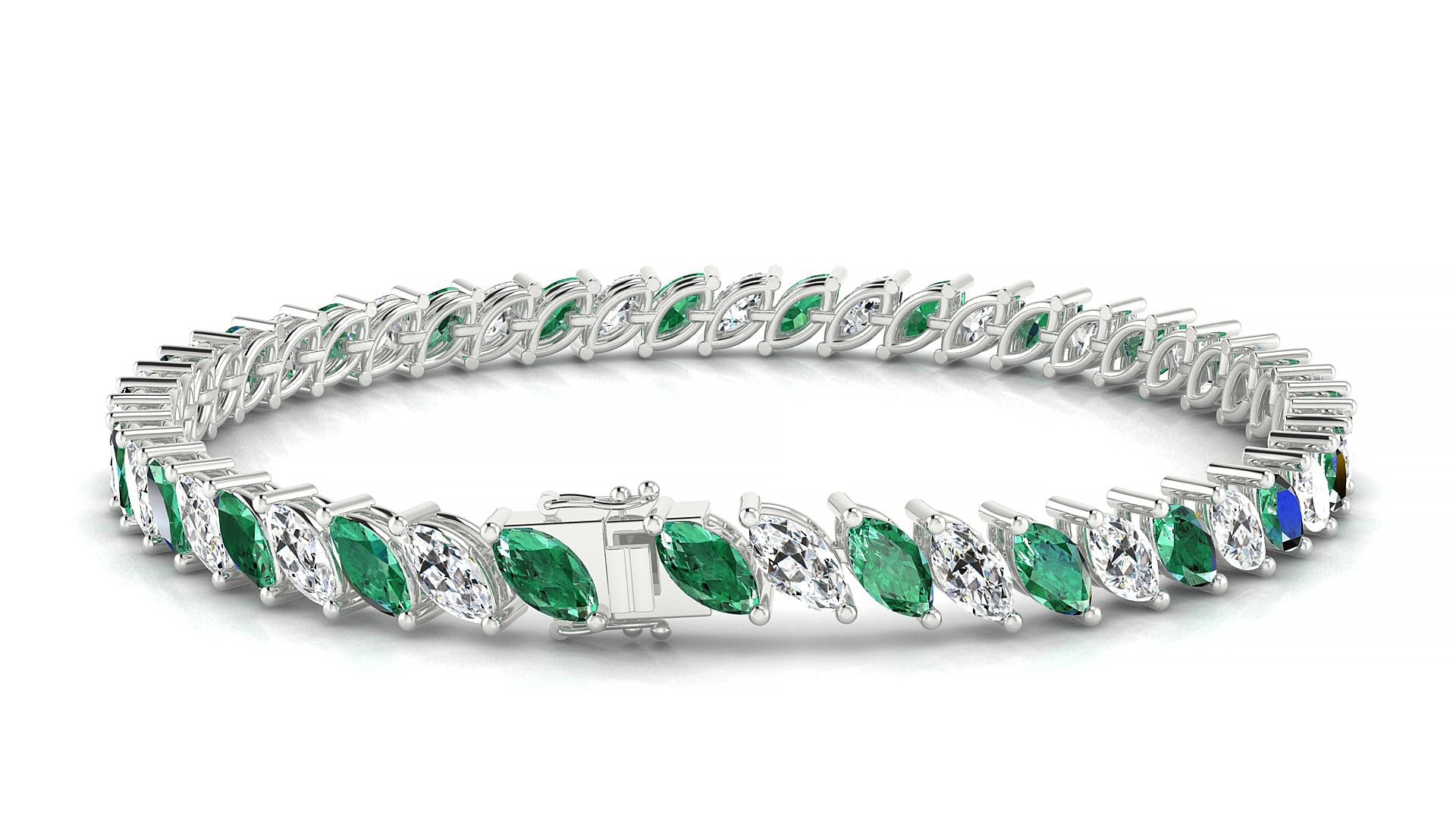 Venezia 1-1 | 18k White Gold 6 x 3 mm Marquise Natural Emerald & Diamond Tennis Bracelet
