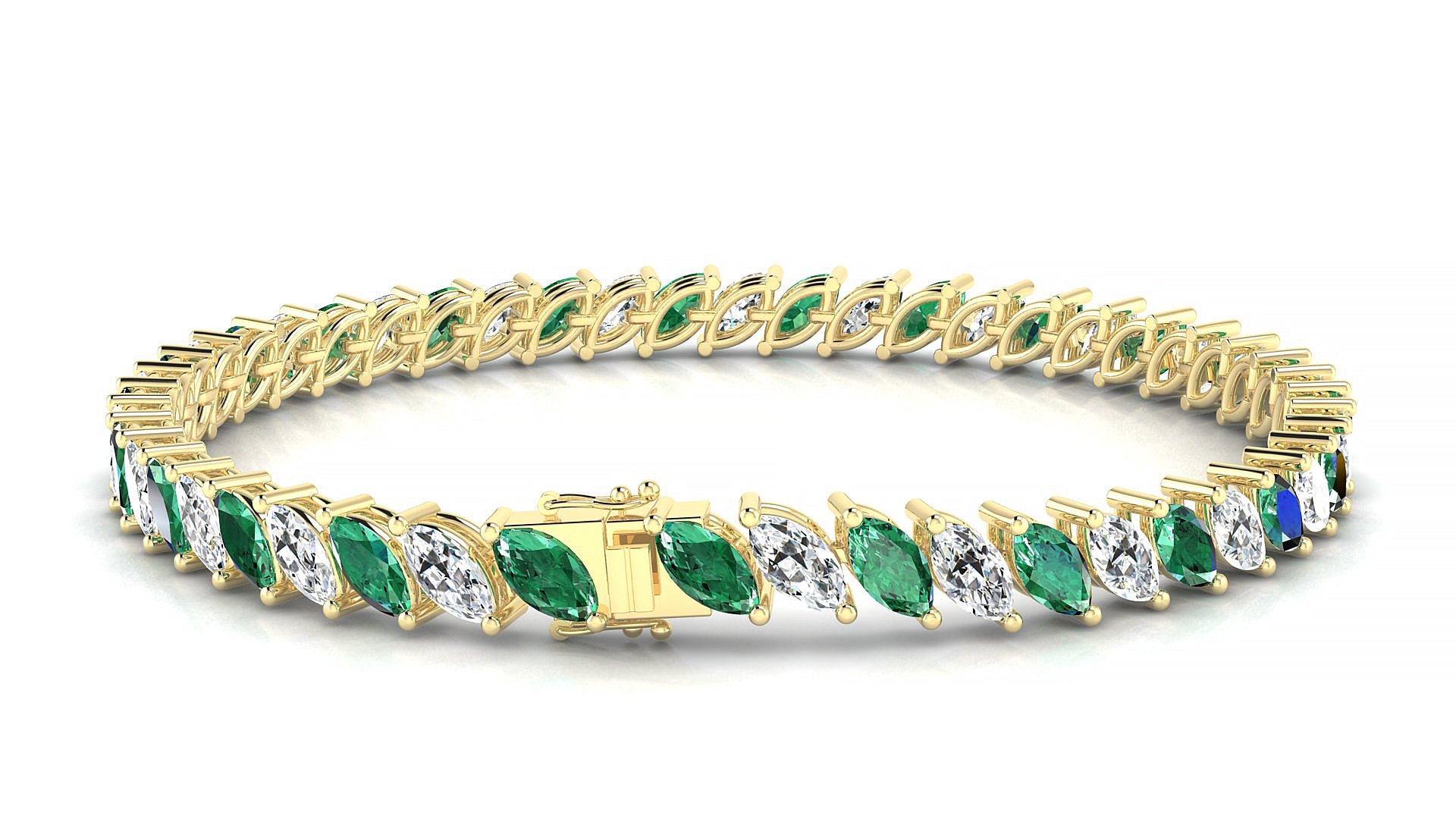 Venezia 1-1 | 18k Yellow Gold 6 x 3 mm Marquise Natural Emerald & Diamond Tennis Bracelet