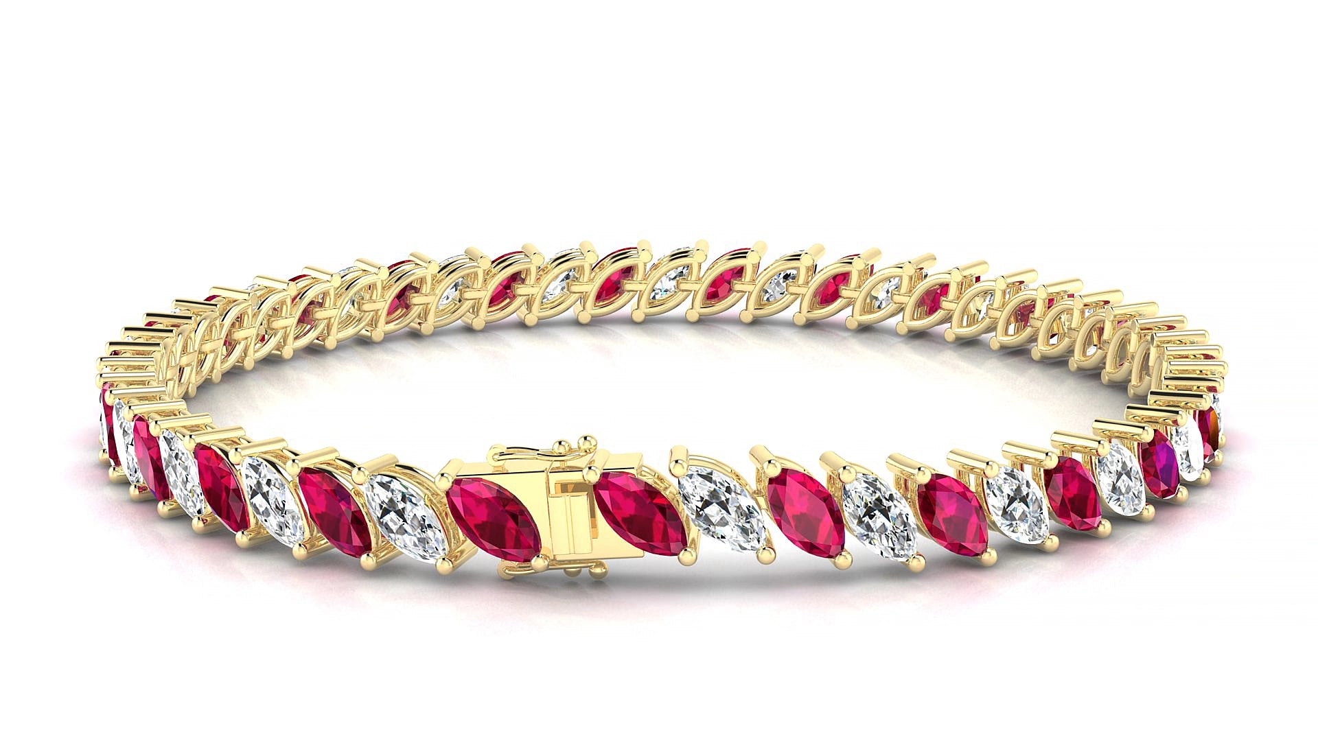 Venezia 1-1 | 18k Yellow Gold 6 x 3 mm Marquise Natural Ruby & Diamond 15 cm Tennis Bracelet