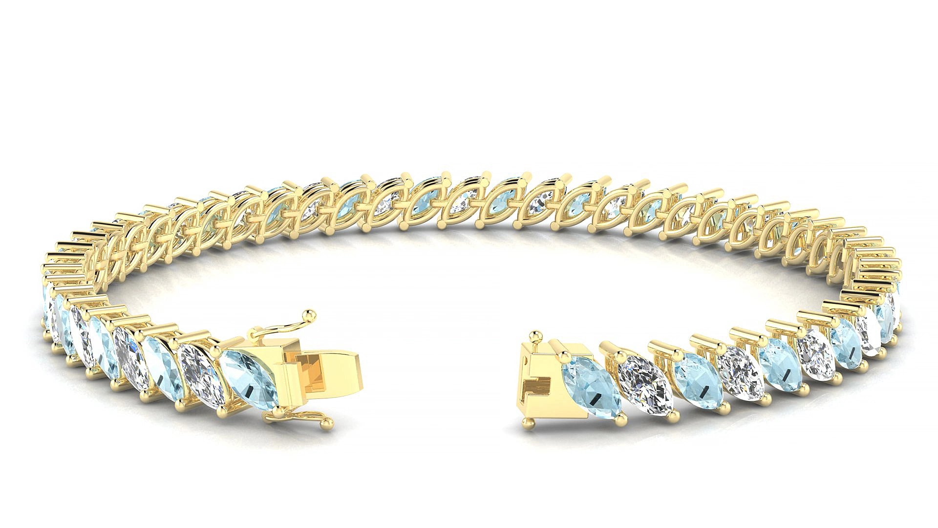 Venezia 1-1 | 18k Yellow Gold 6 x 3 mm Marquise Natural Aquamarine & Diamond 15 cm Tennis Bracelet