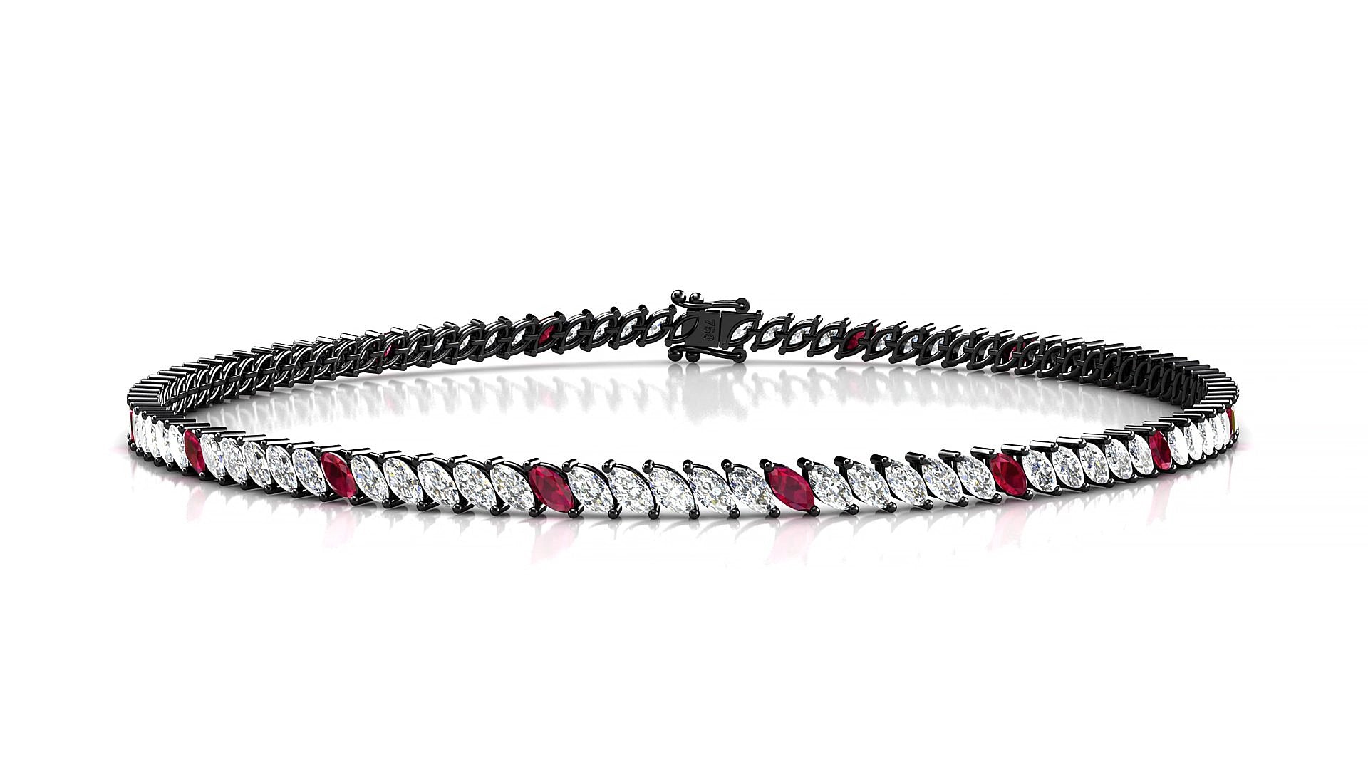 Venezia 1-5 | 18k Black Gold 3 x 1.5 mm Marquise Natural Ruby & Diamond 15 cm Tennis Bracelet