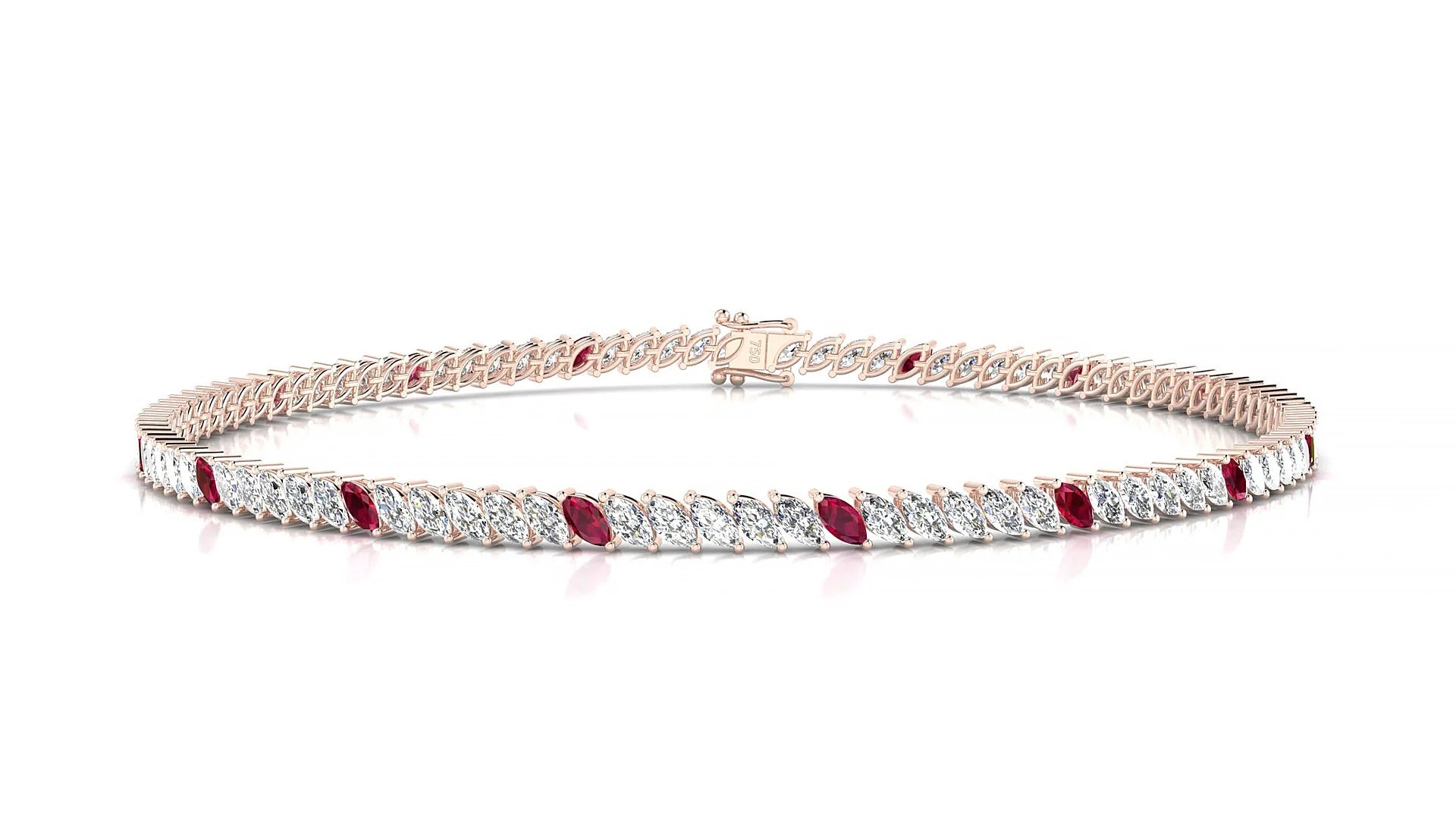 Venezia 1-5 | 18k Rose Gold 3 x 1.5 mm Marquise Natural Ruby & Diamond 18 cm Tennis Bracelet