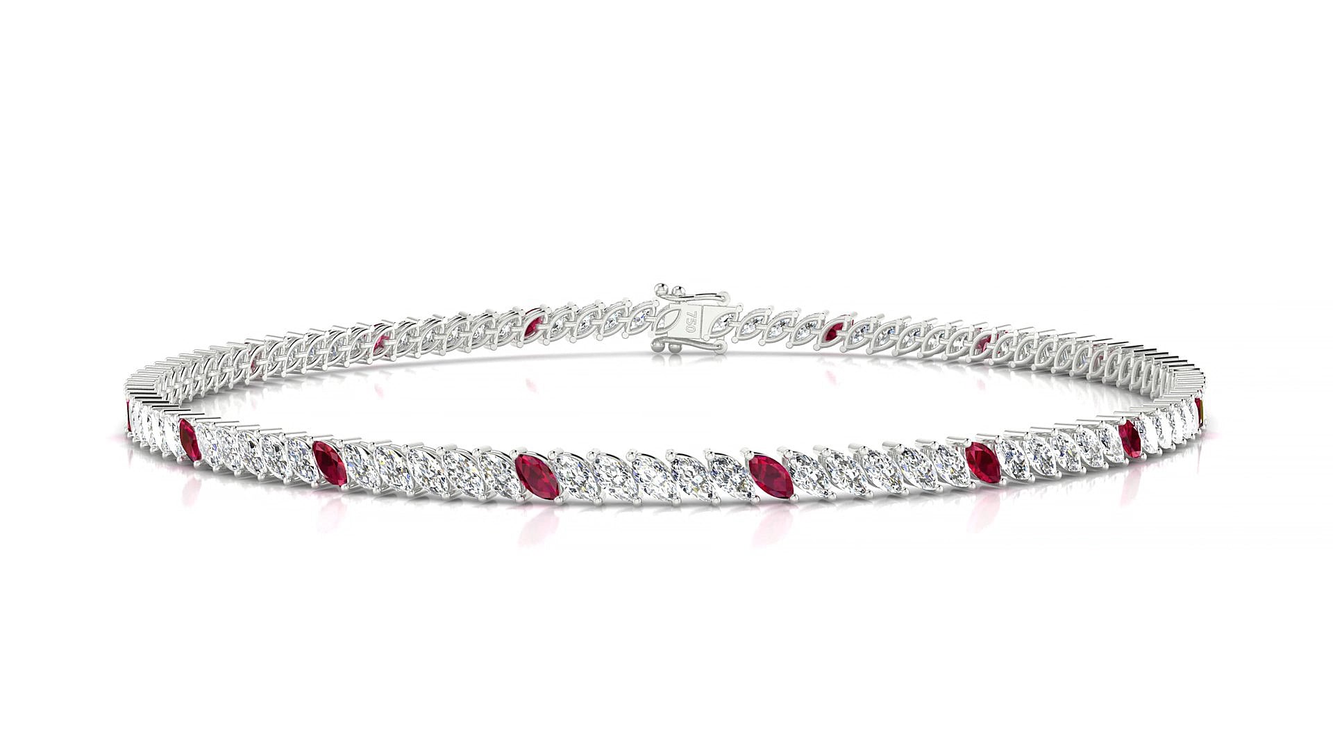 Venezia 1-5 | 18k White Gold 3 x 1.5 mm Marquise Natural Ruby & Diamond 15 cm Tennis Bracelet