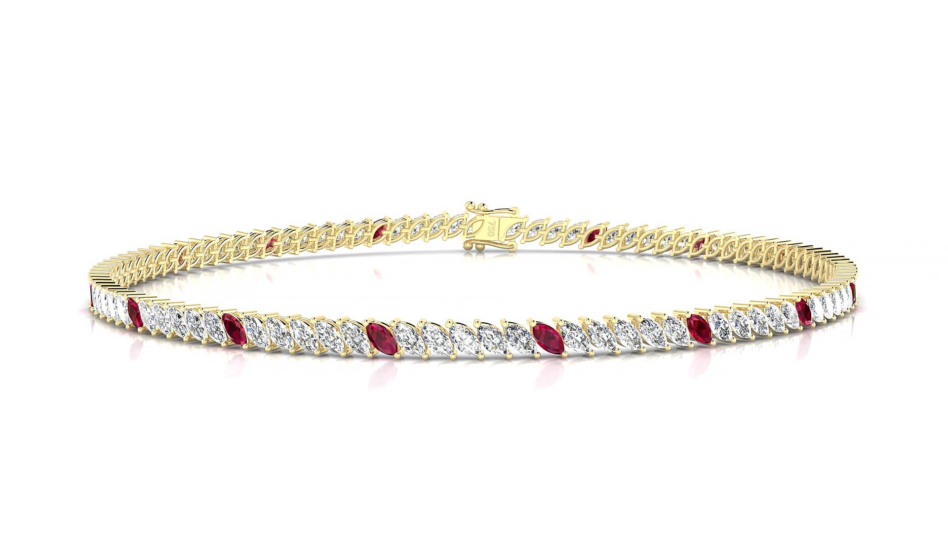 Venezia 1-5 | 18k Yellow Gold 3 x 1.5 mm Marquise Natural Ruby & Diamond 15 cm Tennis Bracelet