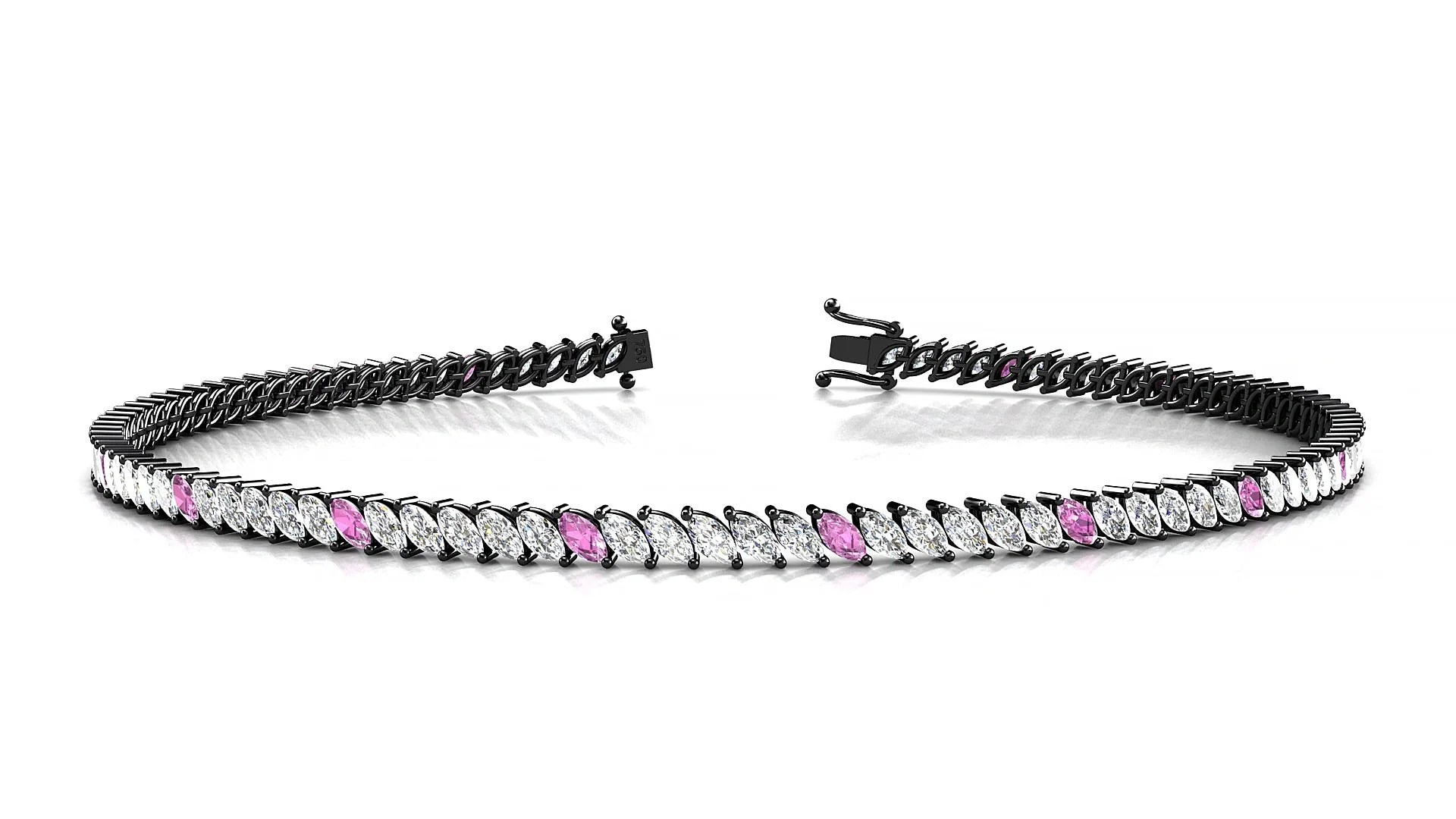 Venezia 1-5 | 18k Black Gold 3 x 1.5 mm Marquise Natural Pink Sapphire & Diamond 18 cm Tennis Bracelet