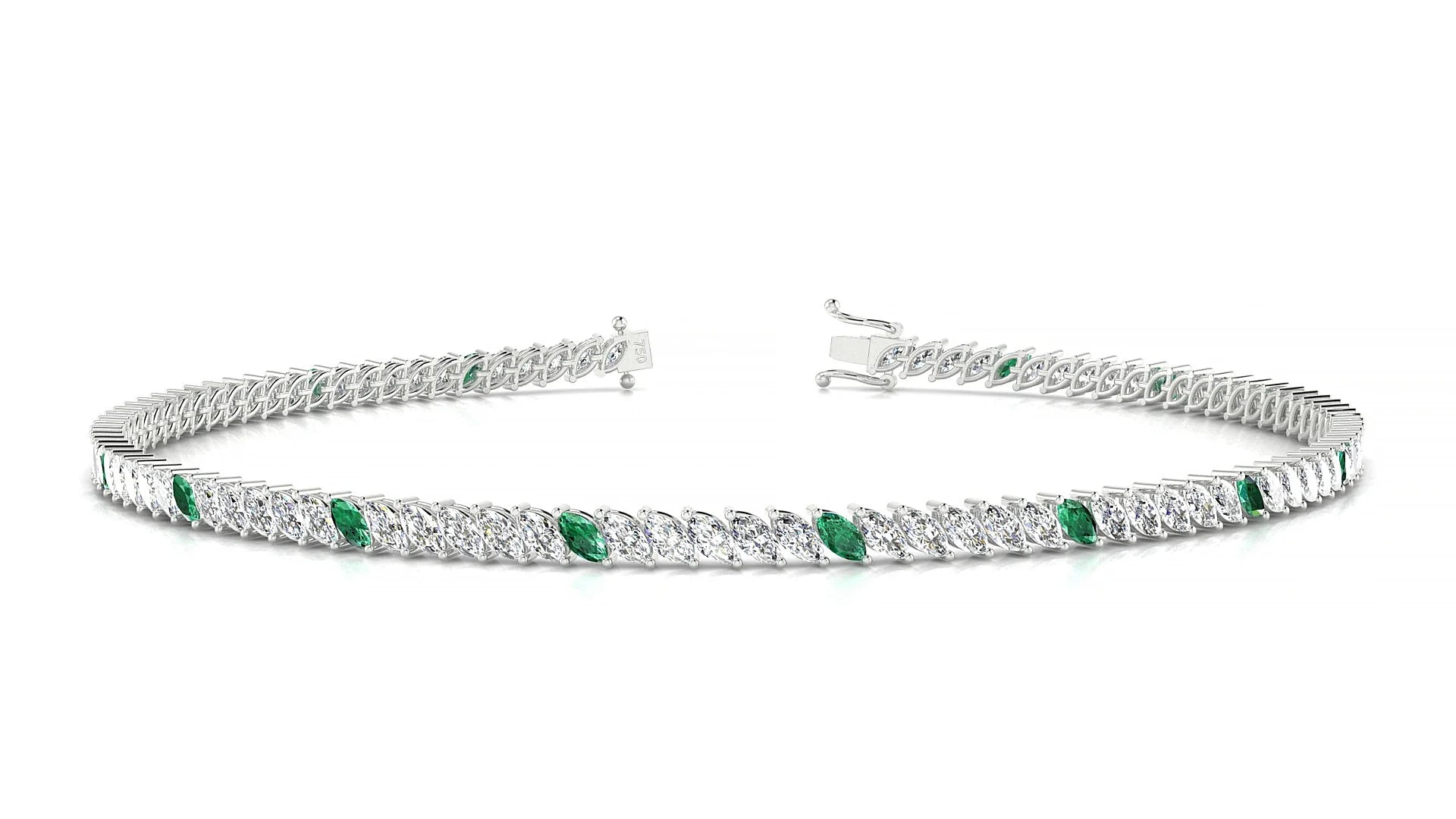 Venezia 1-5 | 18k White Gold 3 x 1.5 mm Marquise Natural Emerald & Diamond 18 cm Tennis Bracelet