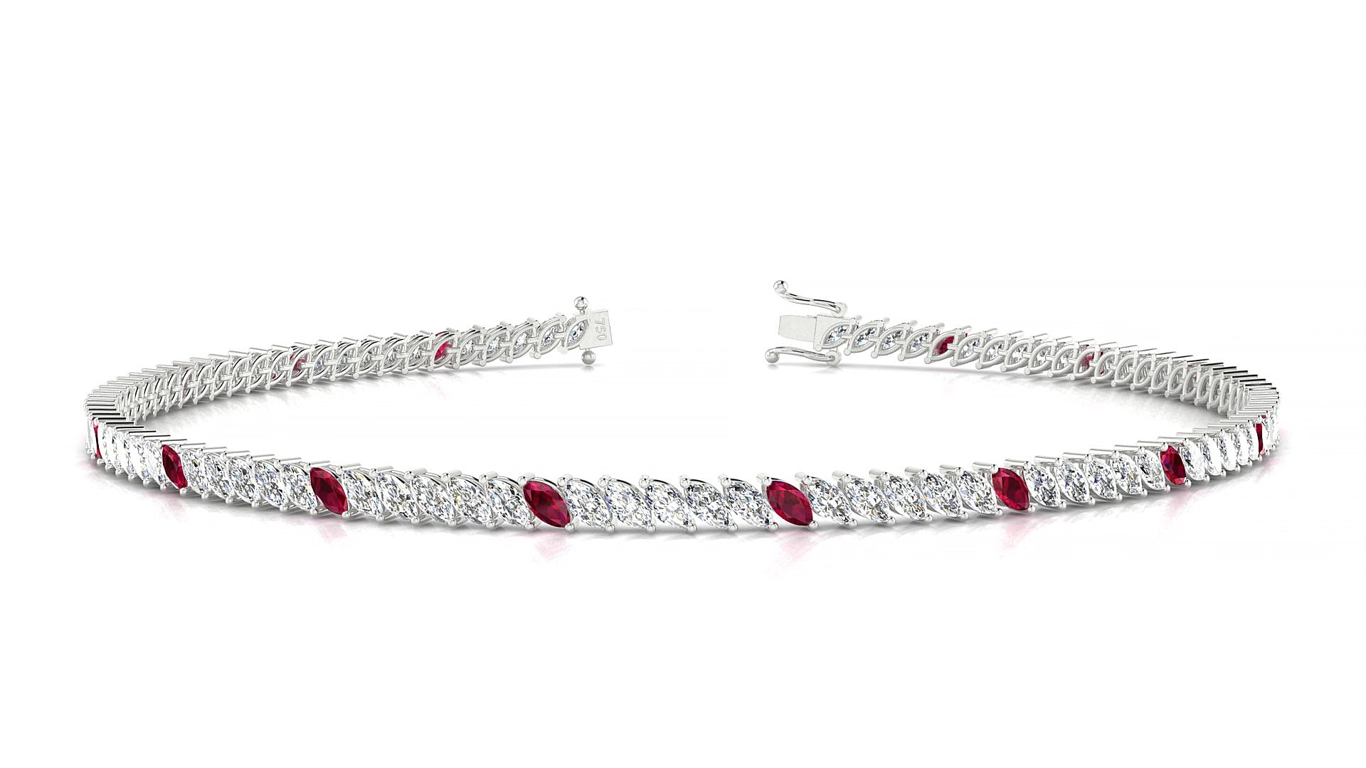 Venezia 1-5 | 18k White Gold 3 x 1.5 mm Marquise Natural Ruby & Diamond 15 cm Tennis Bracelet