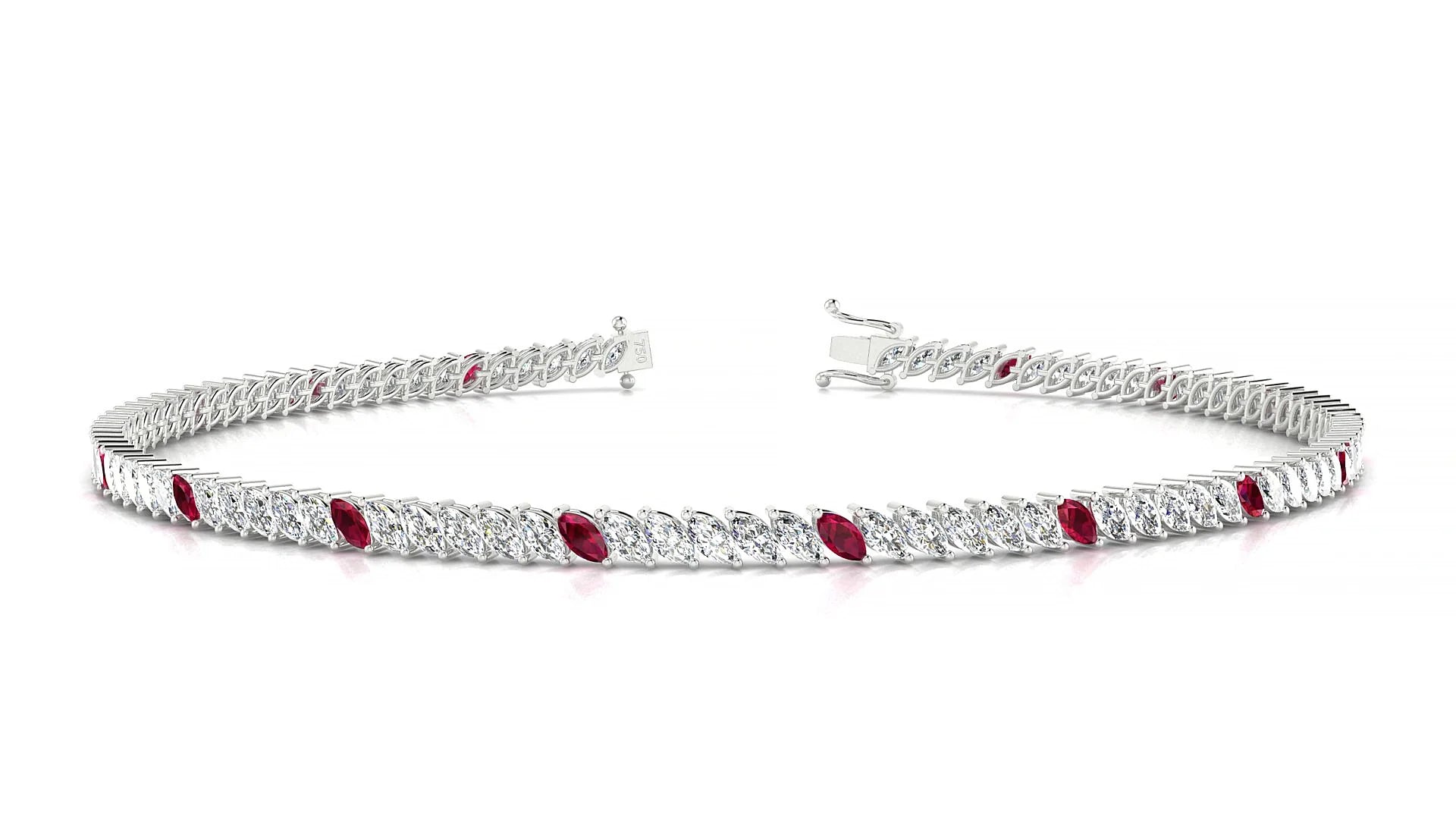Venezia 1-5 | 18k White Gold 3 x 1.5 mm Marquise Natural Ruby & Diamond 18 cm Tennis Bracelet