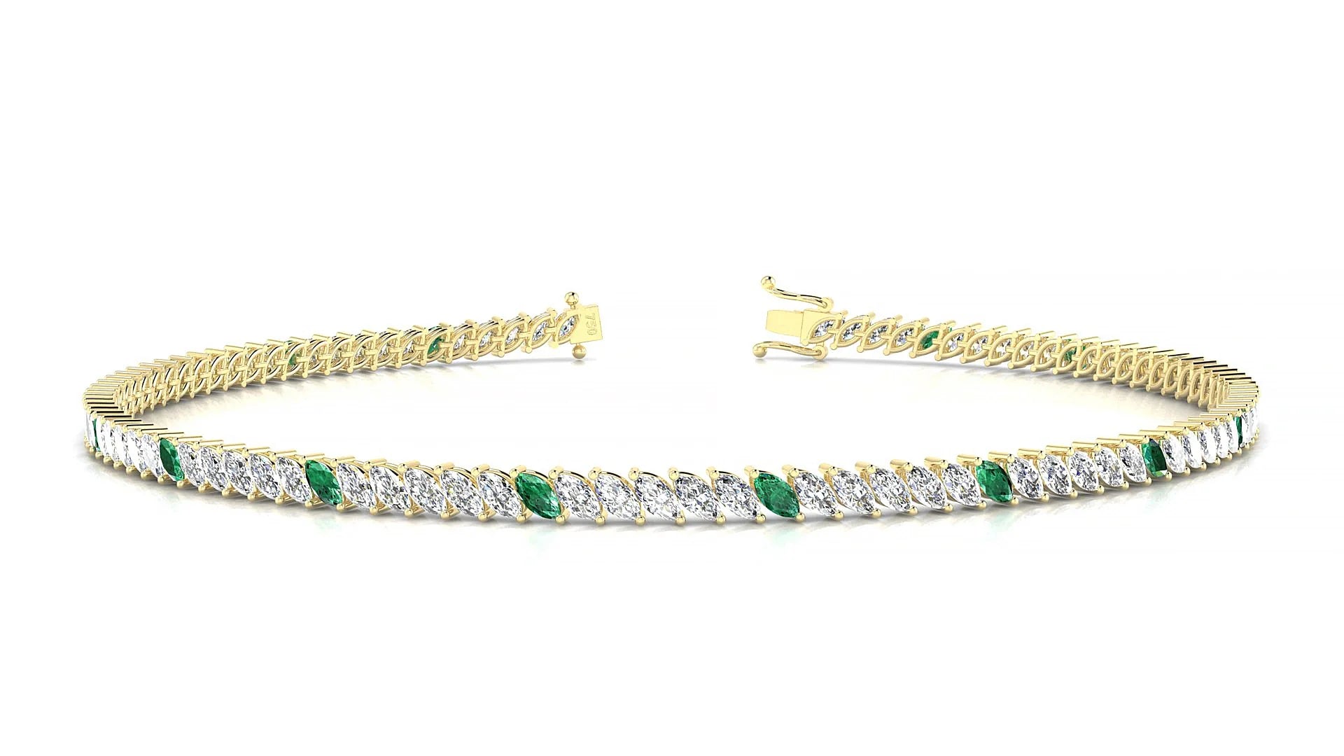 Venezia 1-5 | 18k Yellow Gold 3 x 1.5 mm Marquise Natural Emerald & Diamond 18 cm Tennis Bracelet