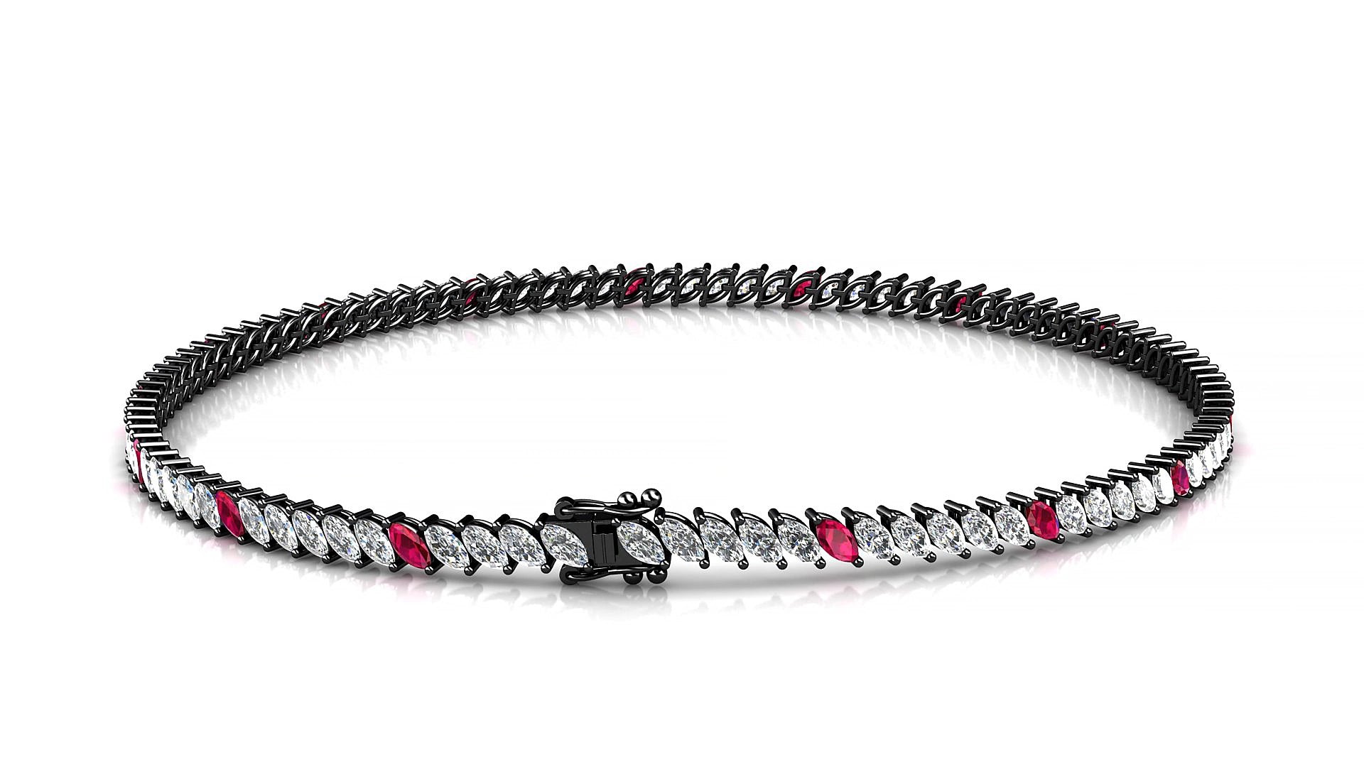 Venezia 1-5 | 18k Black Gold 3 x 1.5 mm Marquise Natural Ruby & Diamond 15 cm Tennis Bracelet