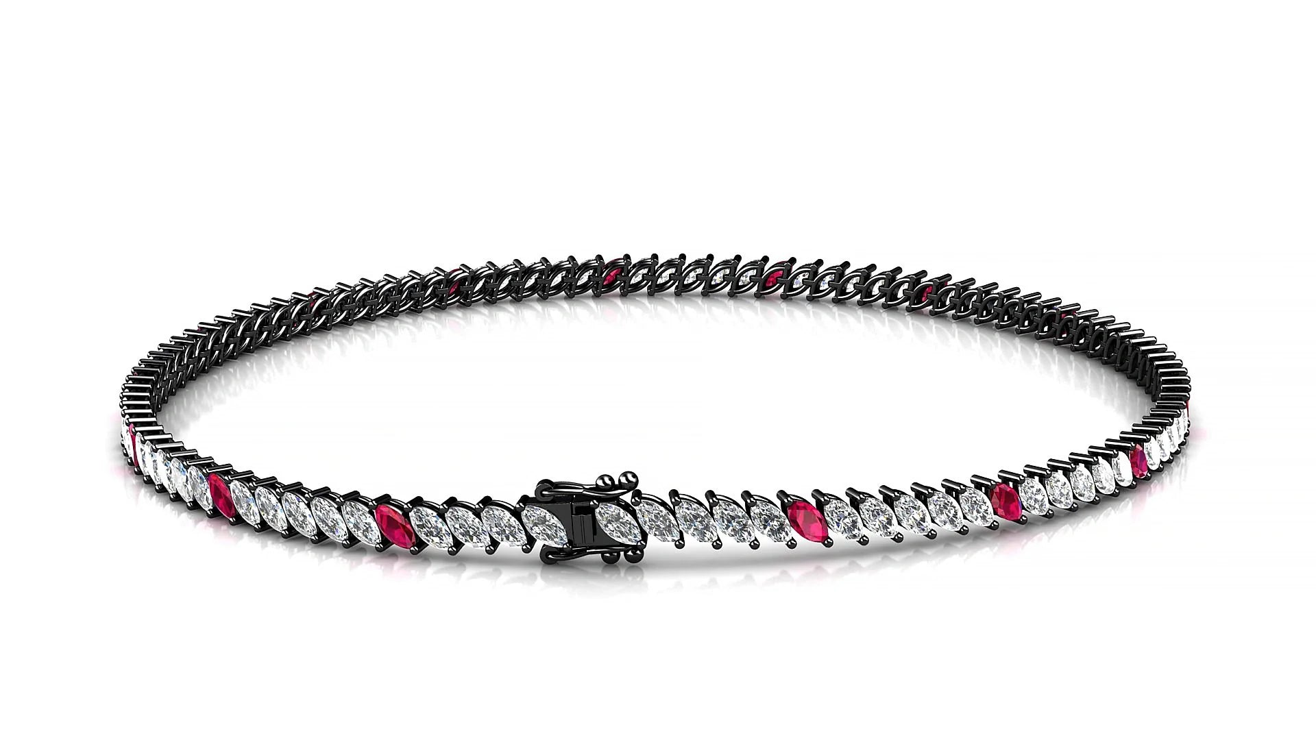 Venezia 1-5 | 18k Black Gold 3 x 1.5 mm Marquise Natural Ruby & Diamond 18 cm Tennis Bracelet
