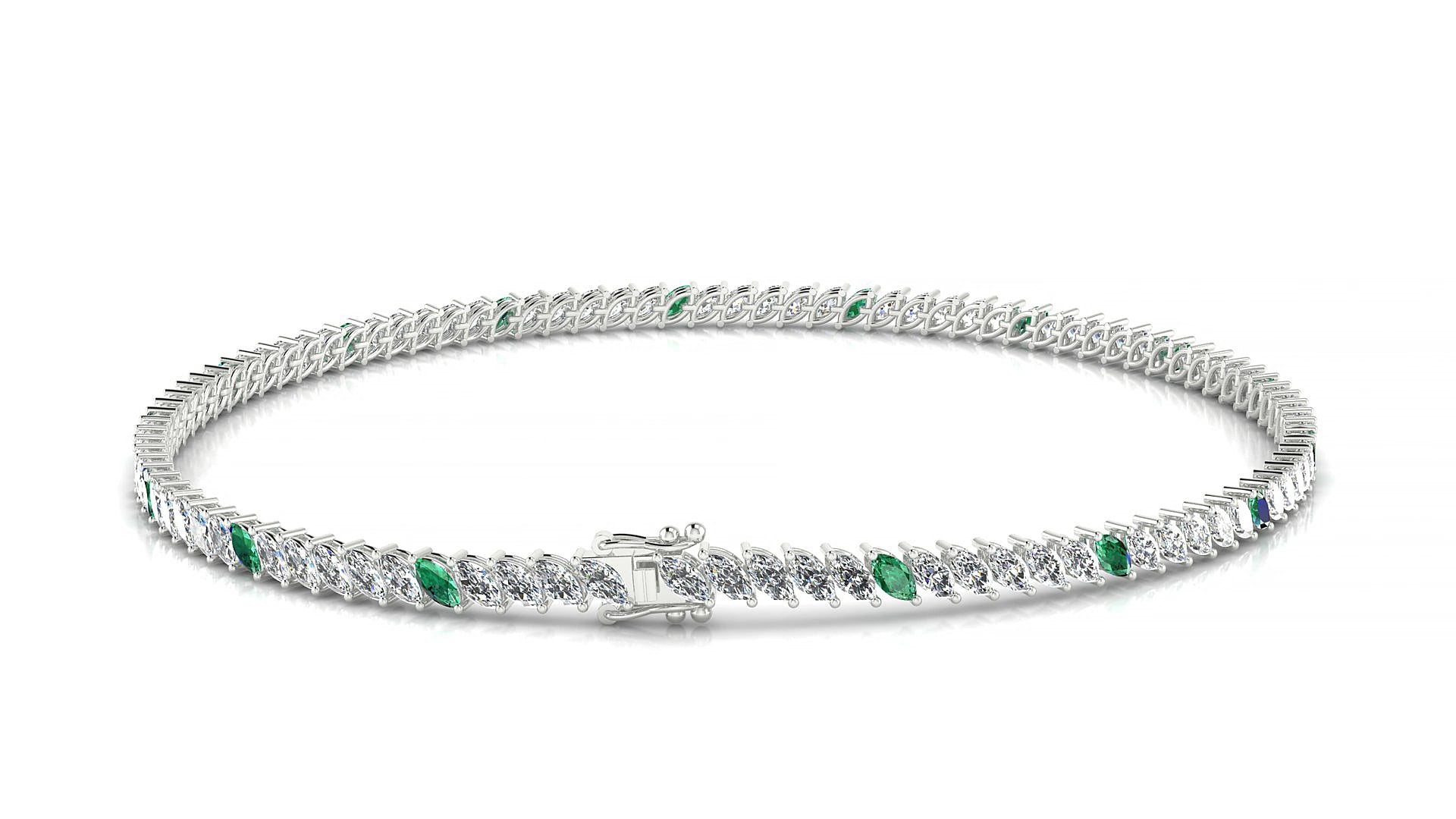 Venezia 1-5 | 18k White Gold 3 x 1.5 mm Marquise Natural Emerald & Diamond 15 cm Tennis Bracelet