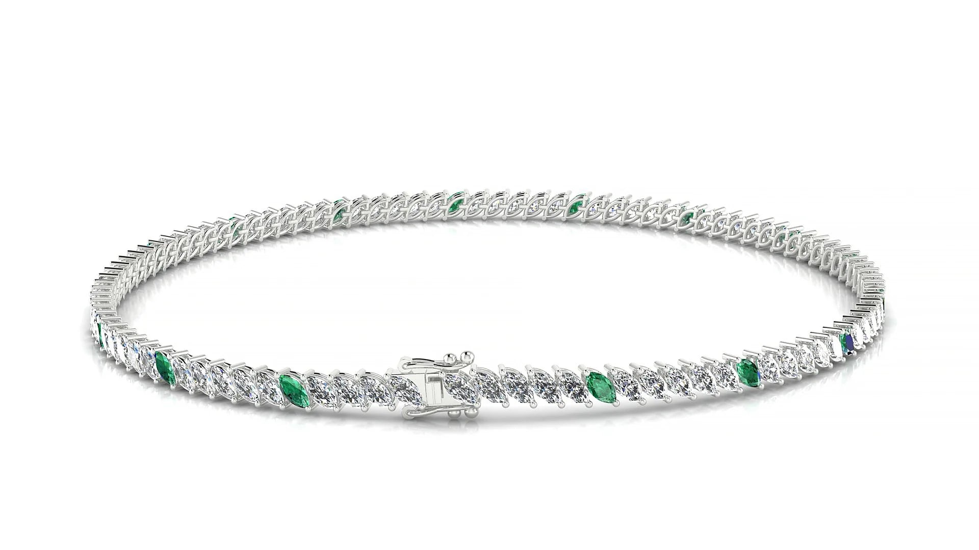 Venezia 1-5 | 18k White Gold 3 x 1.5 mm Marquise Natural Emerald & Diamond 18 cm Tennis Bracelet