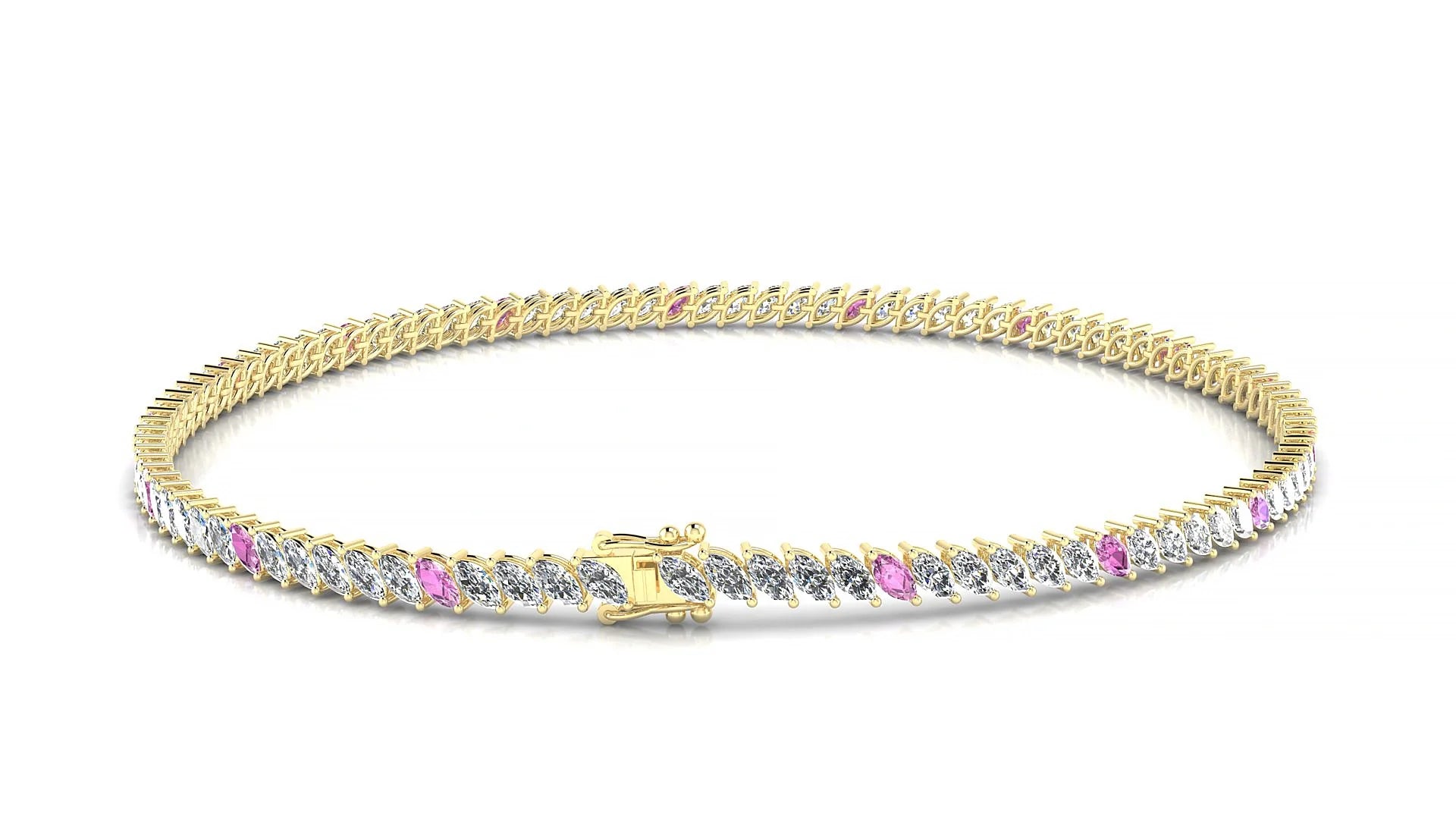 Venezia 1-5 | 18k Yellow Gold 3 x 1.5 mm Marquise Natural Pink Sapphire & Diamond 18 cm Tennis Bracelet
