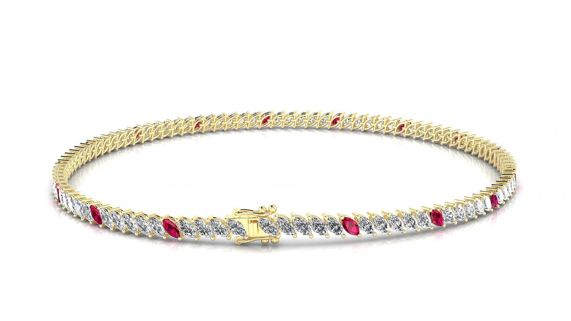 Venezia 1-5 | 18k Yellow Gold 3 x 1.5 mm Marquise Natural Ruby & Diamond 15 cm Tennis Bracelet