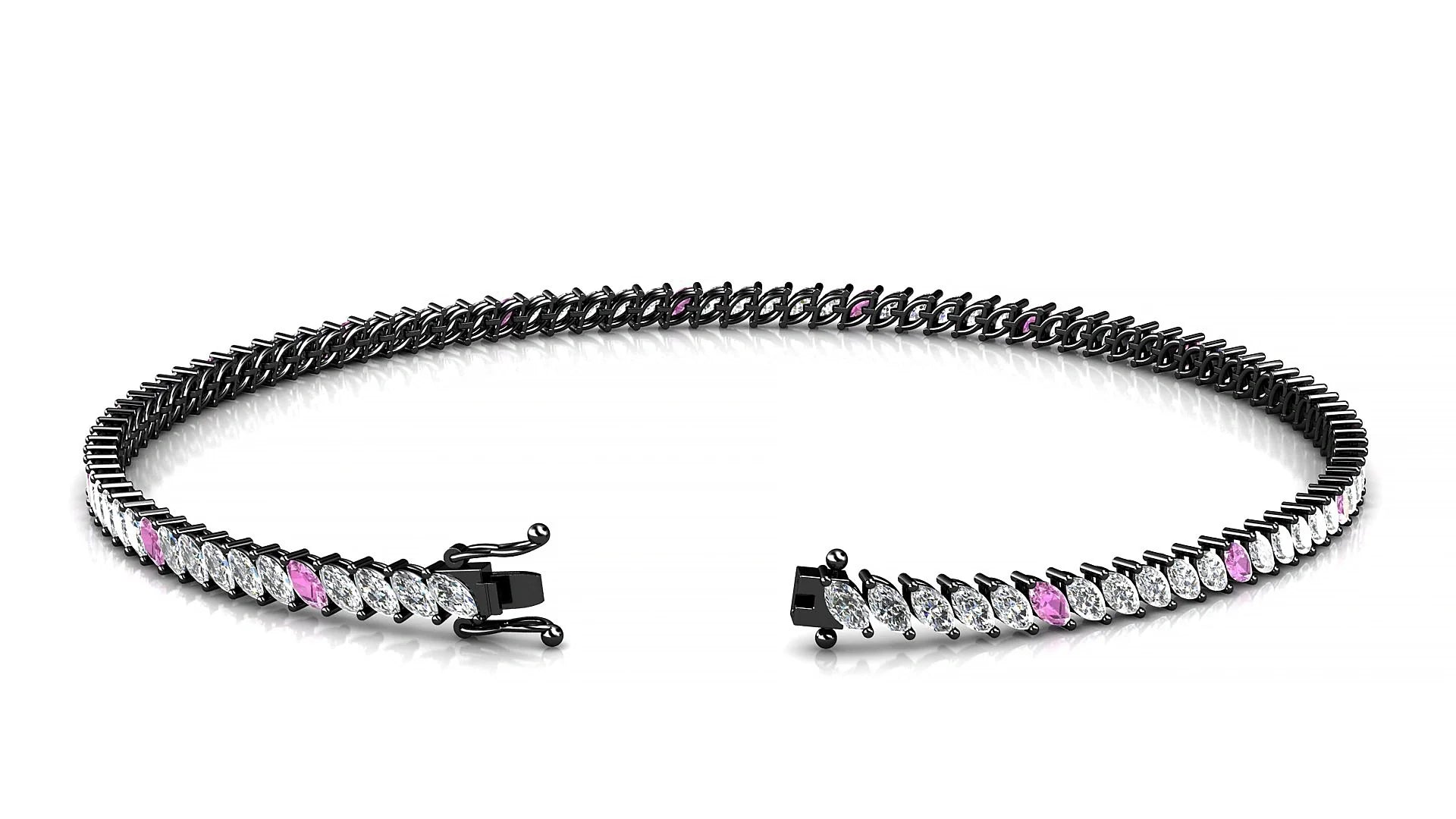 Venezia 1-5 | 18k Black Gold 3 x 1.5 mm Marquise Natural Pink Sapphire & Diamond 18 cm Tennis Bracelet