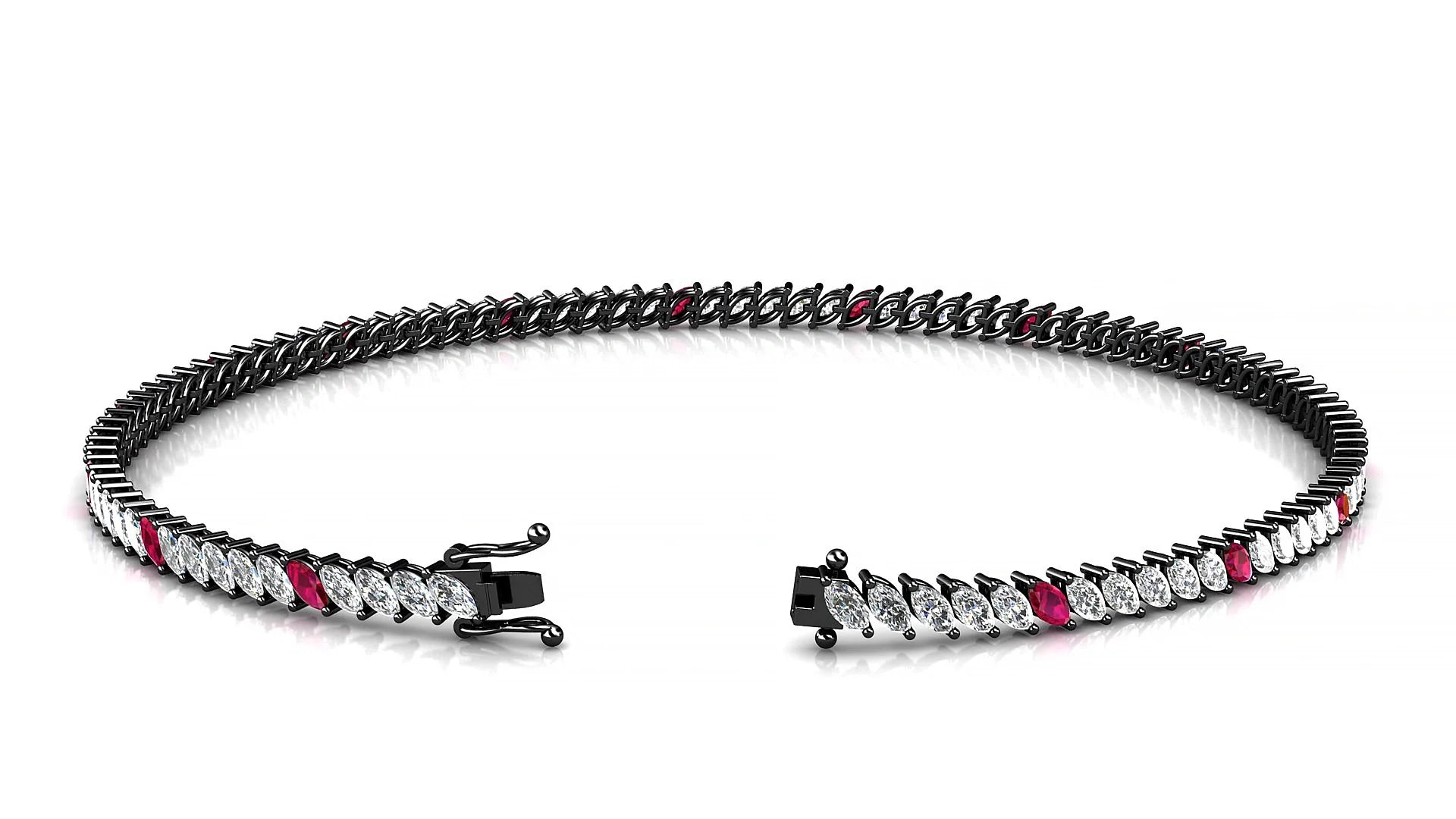 Venezia 1-5 | 18k Black Gold 3 x 1.5 mm Marquise Natural Ruby & Diamond 18 cm Tennis Bracelet