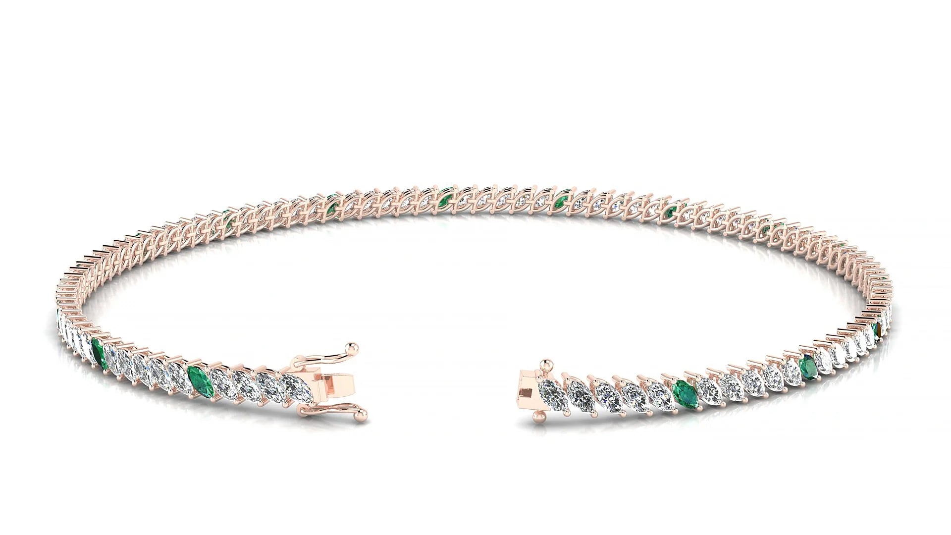 Venezia 1-5 | 18k Rose Gold 3 x 1.5 mm Marquise Natural Emerald & Diamond 18 cm Tennis Bracelet