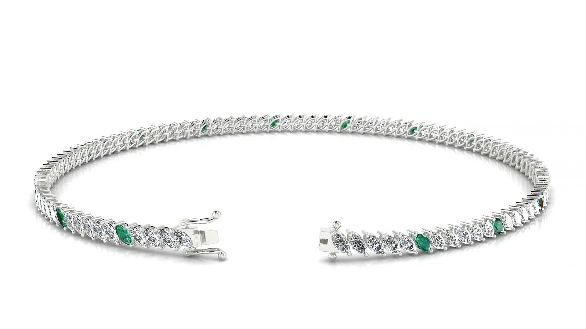Venezia 1-5 | 18k White Gold 3 x 1.5 mm Marquise Natural Emerald & Diamond 18 cm Tennis Bracelet