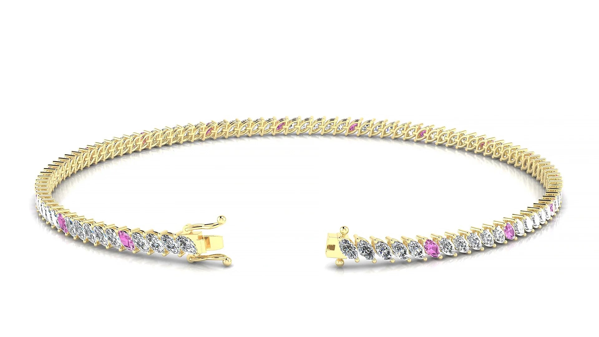 Venezia 1-5 | 18k Yellow Gold 3 x 1.5 mm Marquise Natural Pink Sapphire & Diamond 18 cm Tennis Bracelet