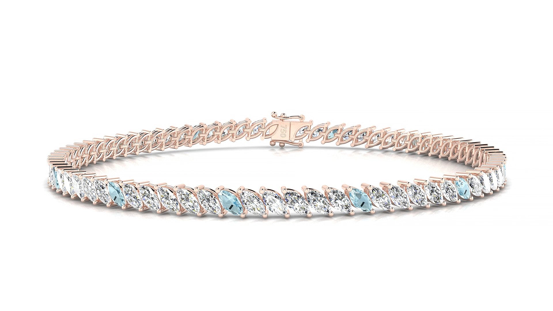 Venezia 1-5 | 18k Rose Gold 4 x 2 mm Marquise Natural Aquamarine & Diamond 15 cm Tennis Bracelet