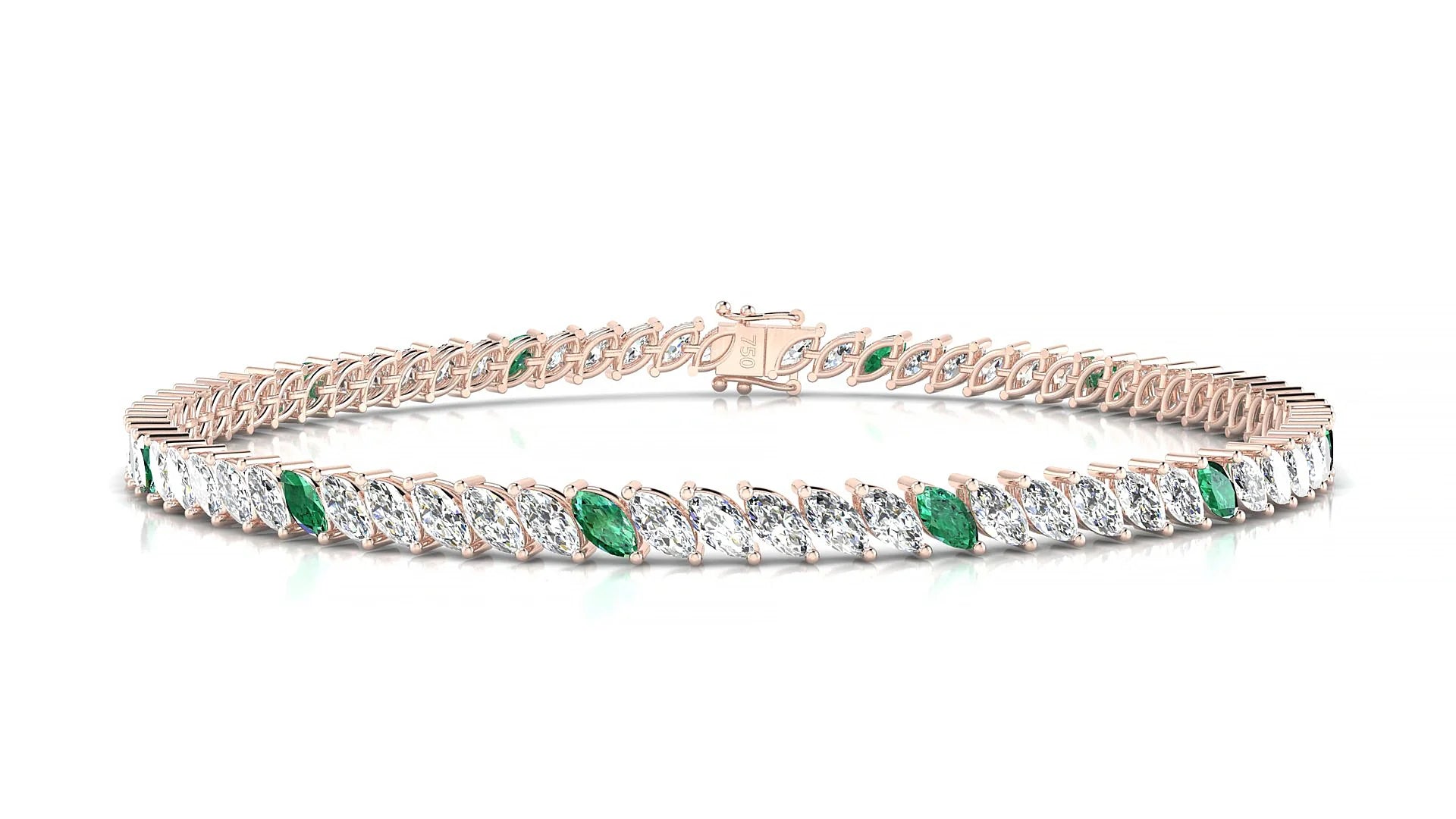 Venezia 1-5 | 18k Rose Gold 4 x 2 mm Marquise Natural Emerald & Diamond 18 cm Tennis Bracelet