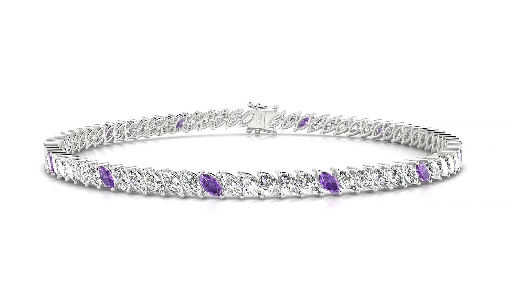 Venezia 1-5 | 18k White Gold 4 x 2 mm Marquise Natural Amethyst & Diamond 15 cm Tennis Bracelet