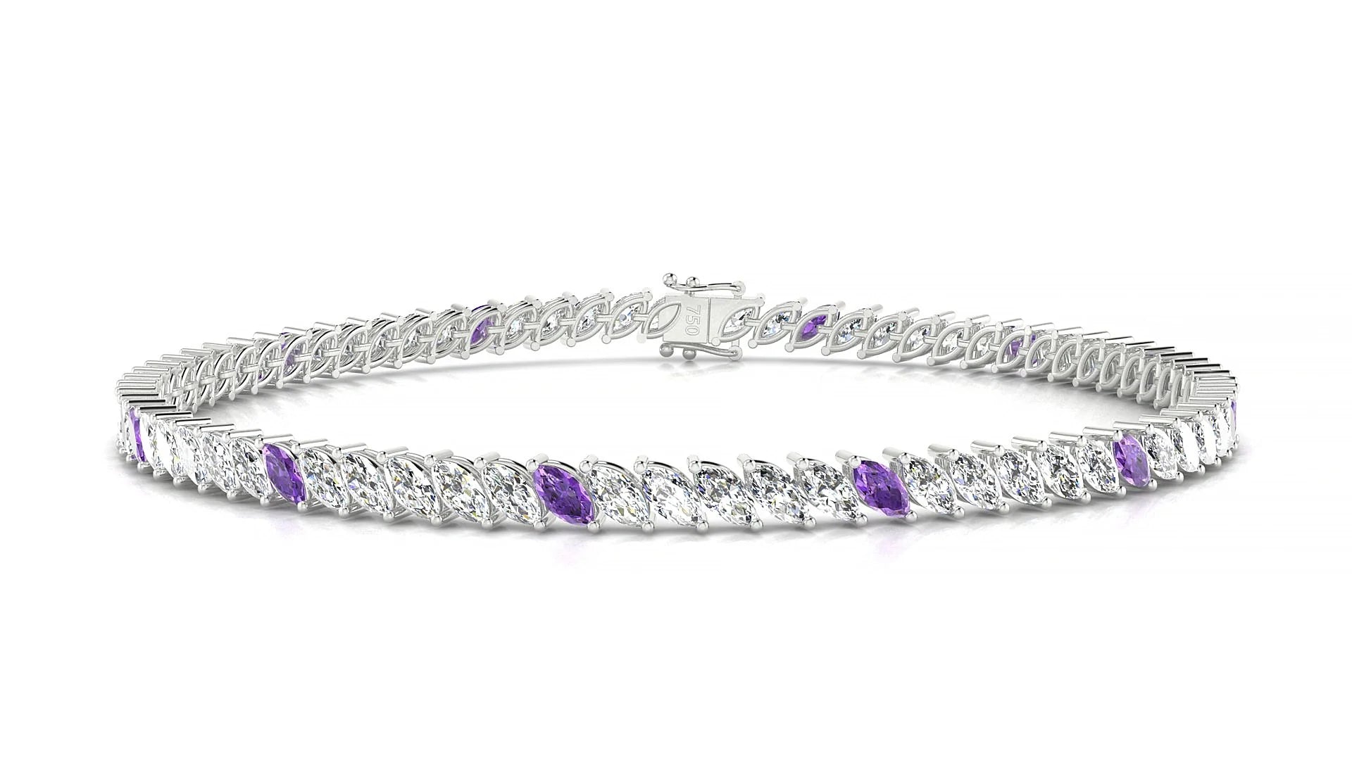 Venezia 1-5 | 18k White Gold 4 x 2 mm Marquise Natural Amethyst & Diamond Tennis Bracelet