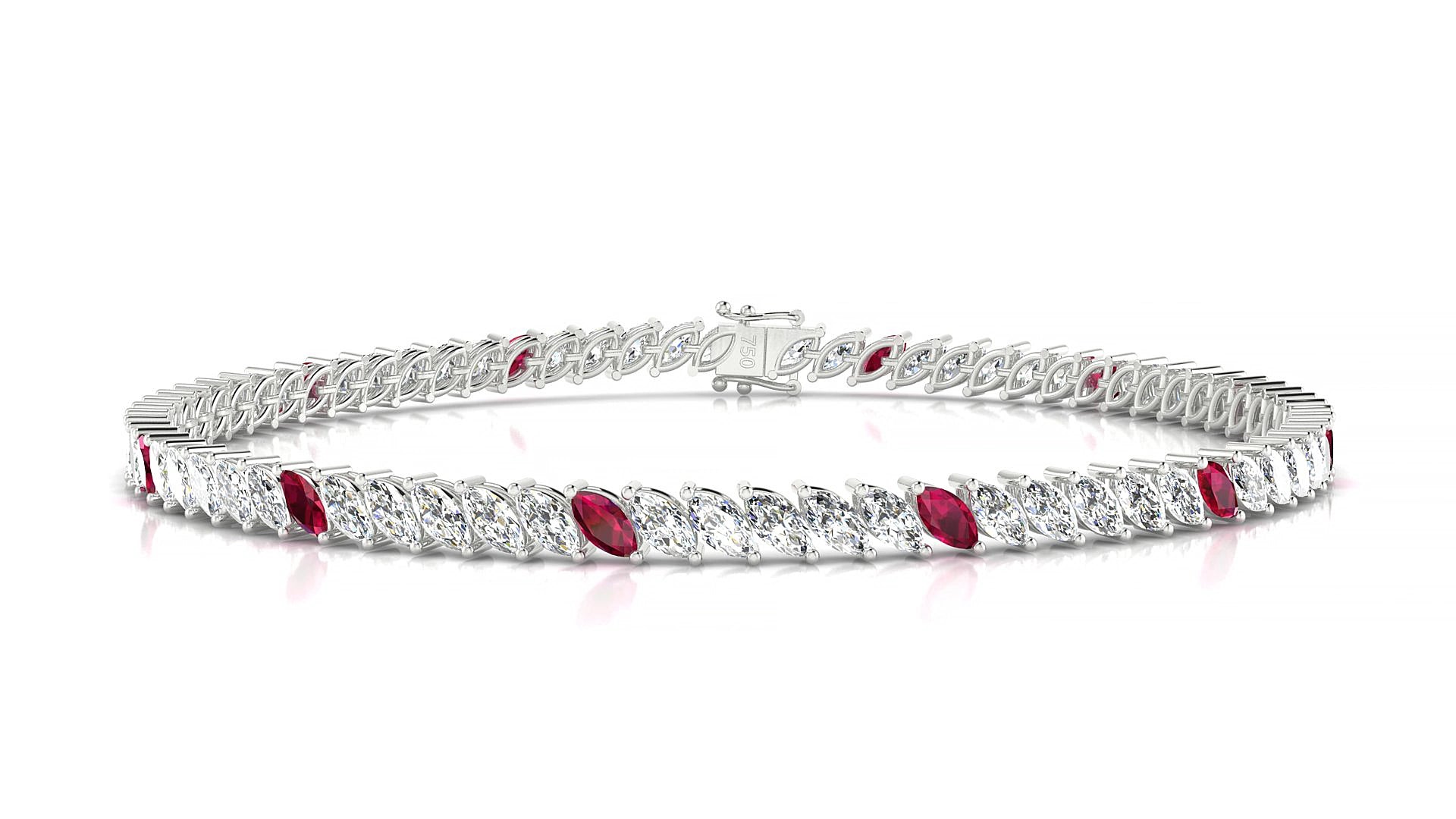 Venezia 1-5 | 18k White Gold 4 x 2 mm Marquise Natural Ruby & Diamond 15 cm Tennis Bracelet