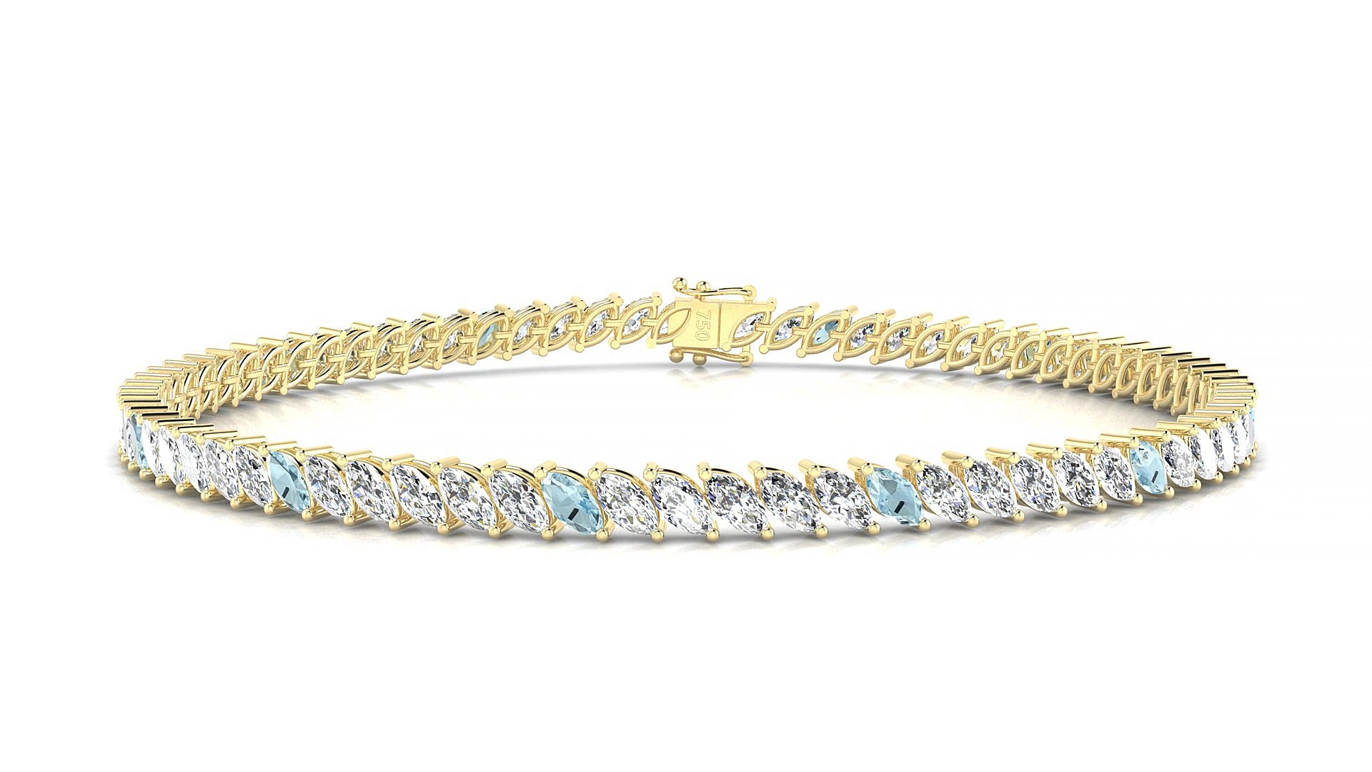 Venezia 1-5 | 18k Yellow Gold 4 x 2 mm Marquise Natural Aquamarine & Diamond 18 cm Tennis Bracelet