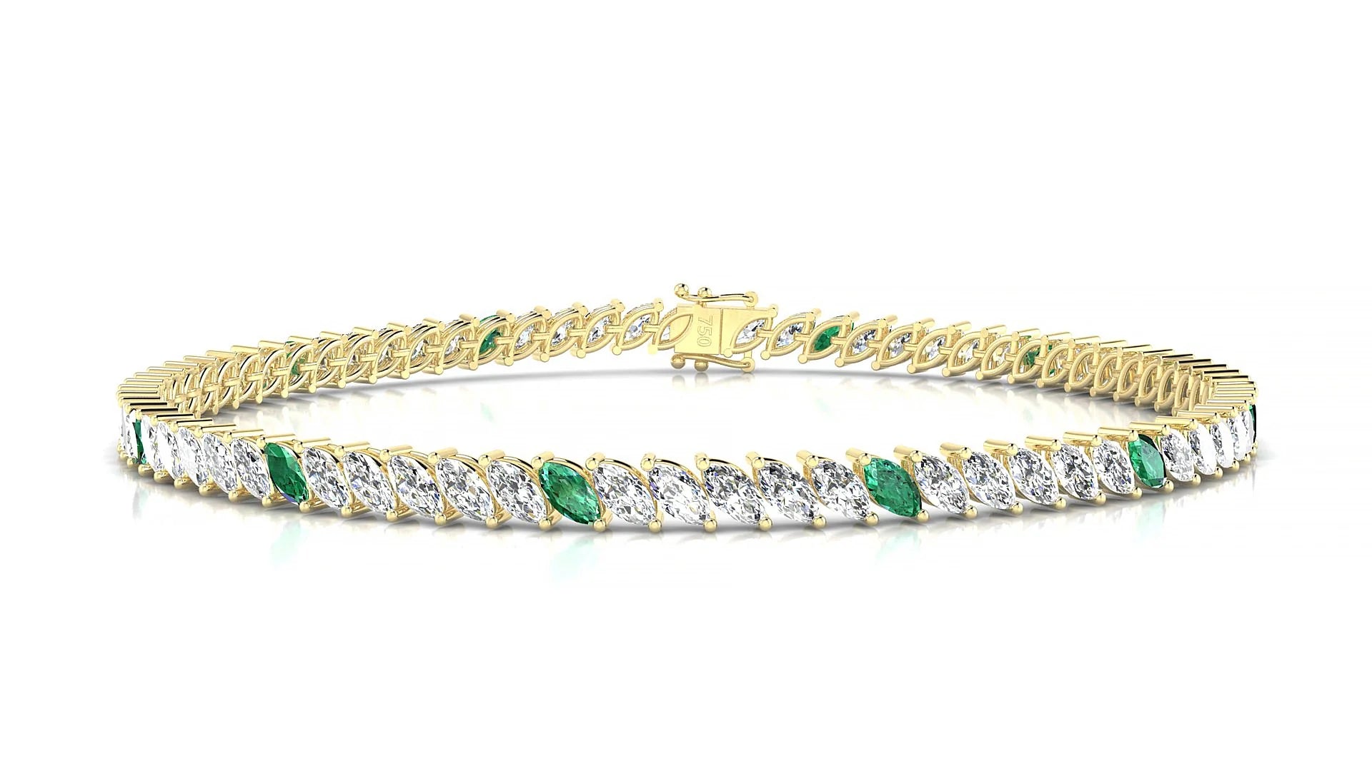 Venezia 1-5 | 18k Yellow Gold 4 x 2 mm Marquise Natural Emerald & Diamond 18 cm Tennis Bracelet