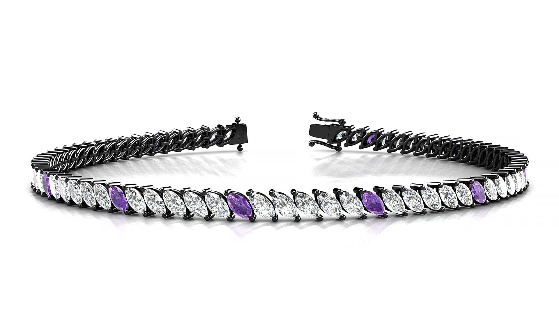 Venezia 1-5 | 18k Black Gold 4 x 2 mm Marquise Natural Amethyst & Diamond 16 cm Tennis Bracelet