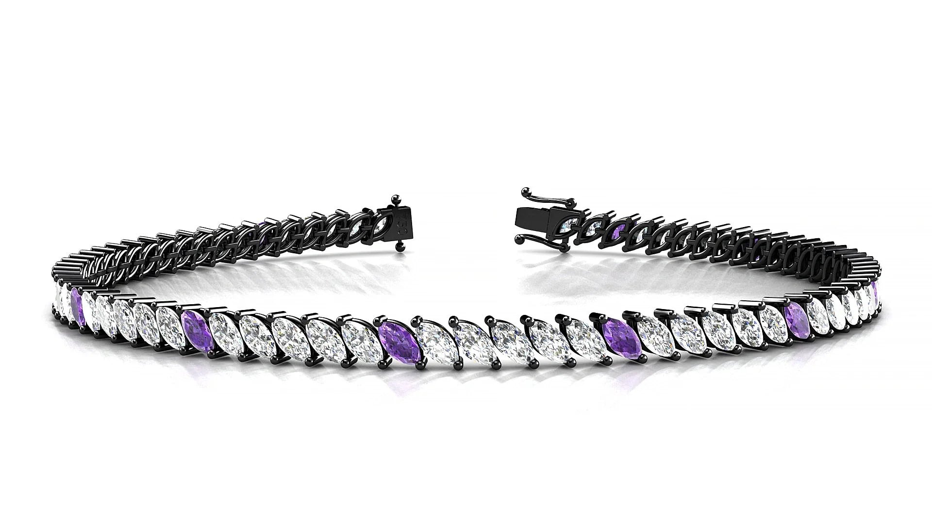 Venezia 1-5 | 18k Black Gold 4 x 2 mm Marquise Natural Amethyst & Diamond Tennis Bracelet