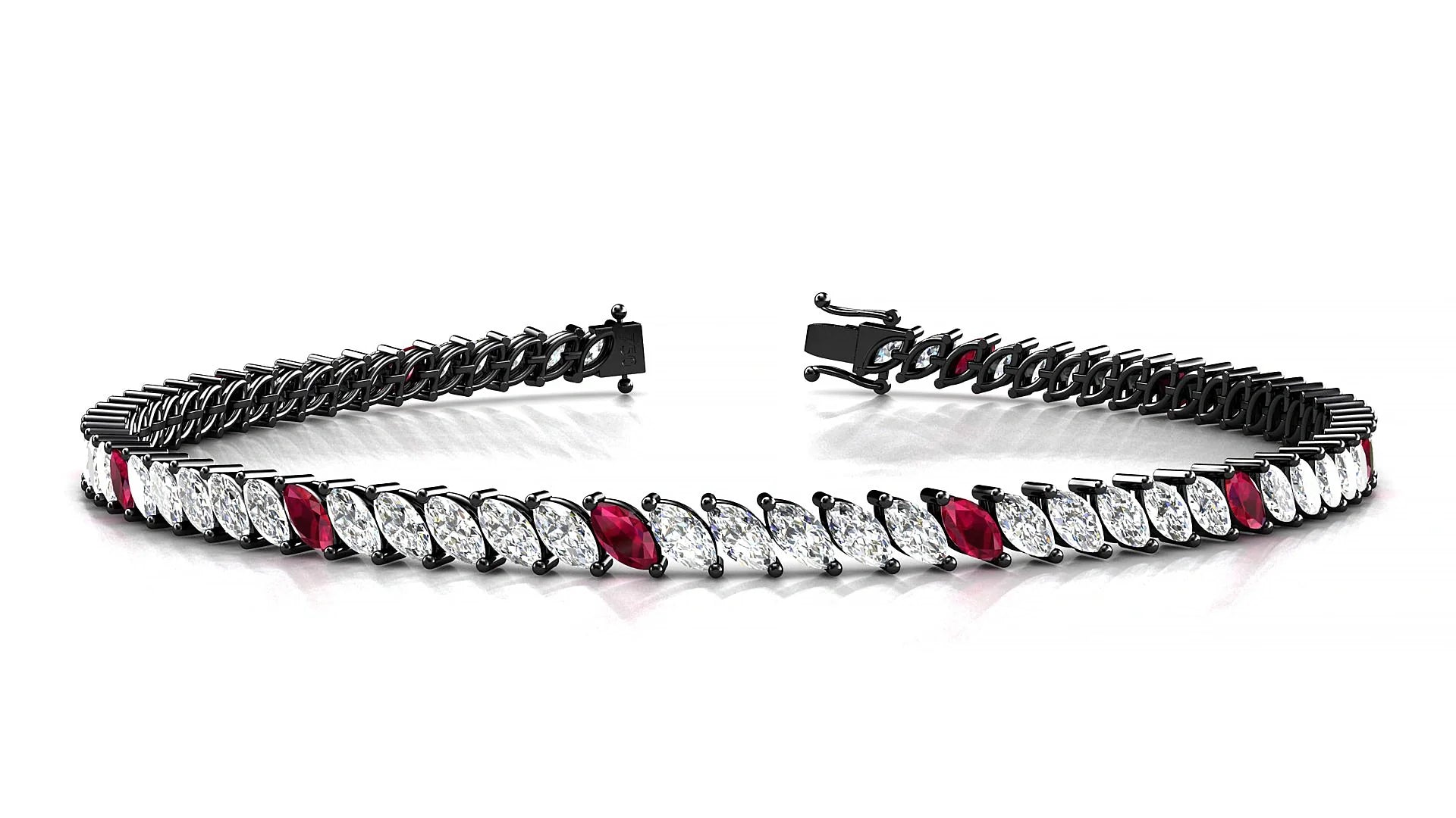 Venezia 1-5 | 18k Black Gold 4 x 2 mm Marquise Natural Ruby & Diamond 18 cm Tennis Bracelet