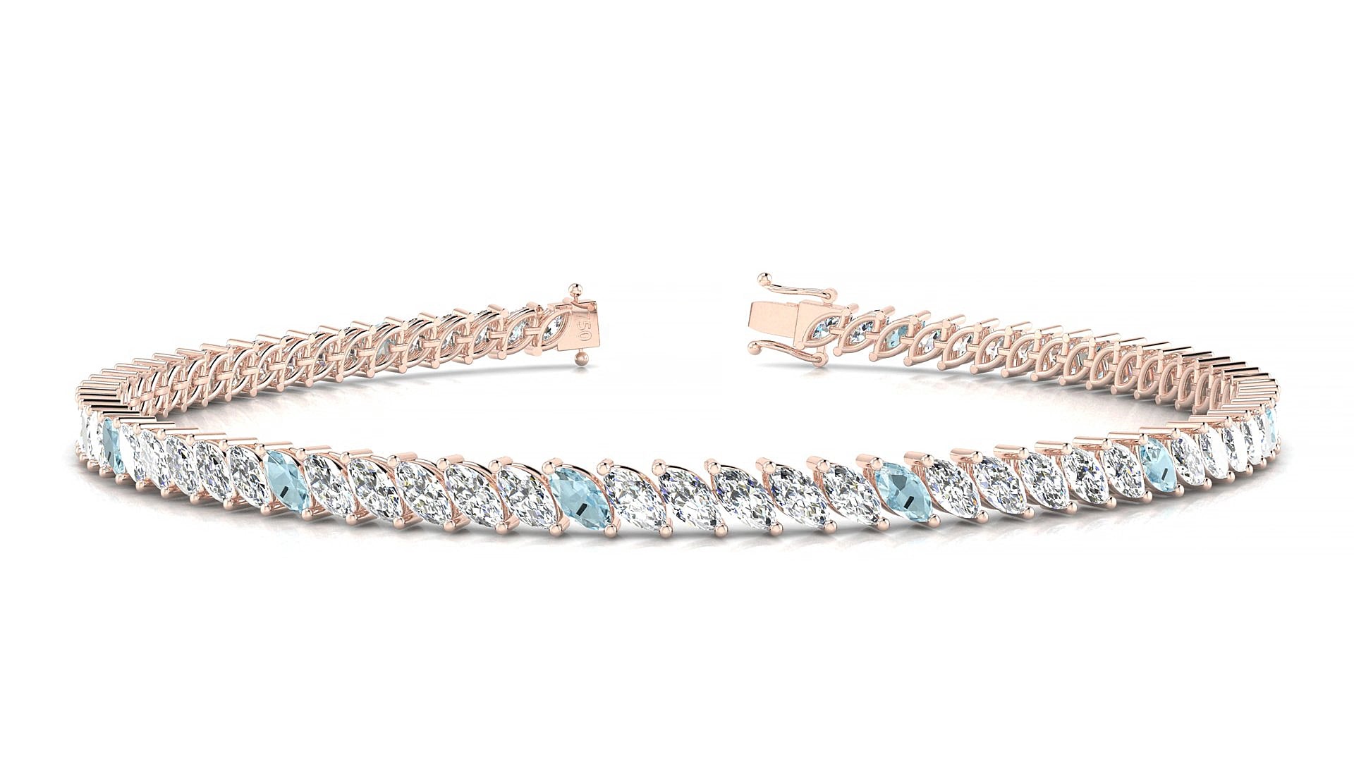 Venezia 1-5 | 18k Rose Gold 4 x 2 mm Marquise Natural Aquamarine & Diamond 15 cm Tennis Bracelet